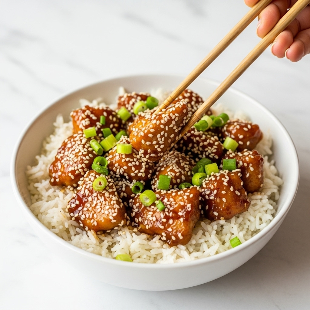 A white bowl filled with a base layer of fluffy white rice, topped with glossy, brown glazed chicken pieces covered in sesame seeds. Bright green chopped scallions are sprinkled over the chicken, adding a fresh pop of color. A pair of wooden chopsticks held by a woman's hand is picking up a piece of the chicken. The bowl is placed on a white marbled surface. photo taken with an iphone --ar 4:5 --v 7