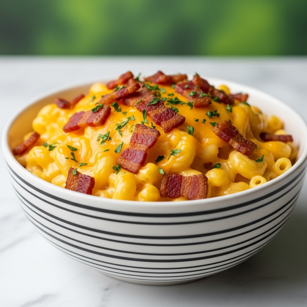 The image shows a creamy mac and cheese dish served in a white bowl with black stripes. The base layer is soft macaroni covered in a thick, smooth cheese sauce with a bright yellow-orange color. On top, there is a layer of melted cheddar cheese that glistens under the light. Scattered over the cheese are small pieces of crispy bacon, which have a rich reddish-brown color and a crunchy texture. Small bits of chopped green herbs are sprinkled across the dish for a touch of color contrast. The bowl sits on a white marbled surface with a blurry green background. photo taken with an iphone --ar 4:5 --v 7
