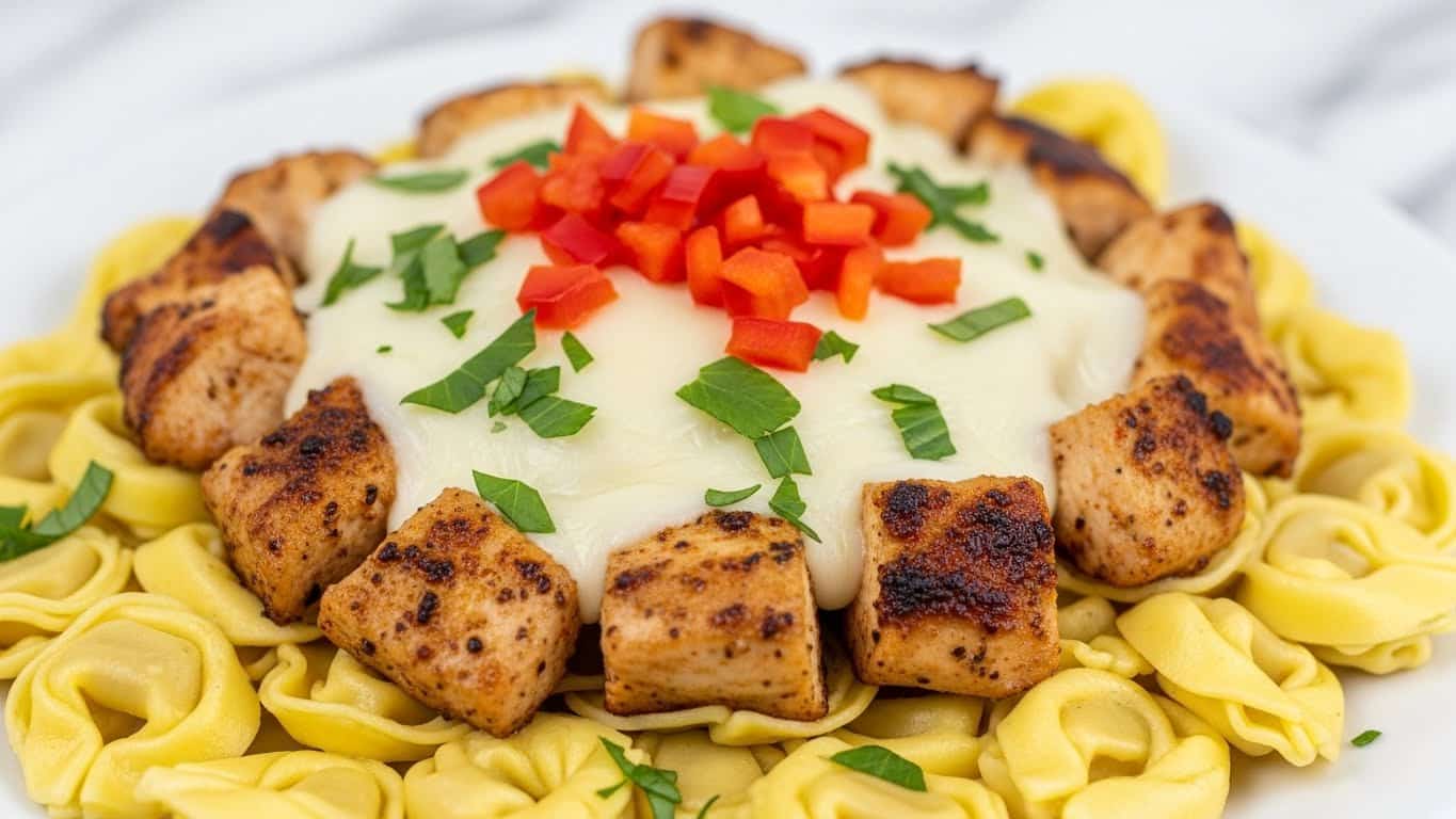 A white bowl holds a creamy pasta dish with several layers visible. At the bottom, there is soft, golden-yellow tortellini. On top of the pasta, there are chunks of light brown grilled chicken mixed throughout. The entire dish is covered in a smooth, pale yellow creamy sauce. Scattered on top are thin strips of deep red sun-dried tomatoes, fresh green chopped herbs, and a sprinkle of grated white cheese. Small red chili flakes are spread across the dish, adding contrast. The bowl sits on a white marbled surface. Photo taken with an iphone --ar 4:5 --v 7