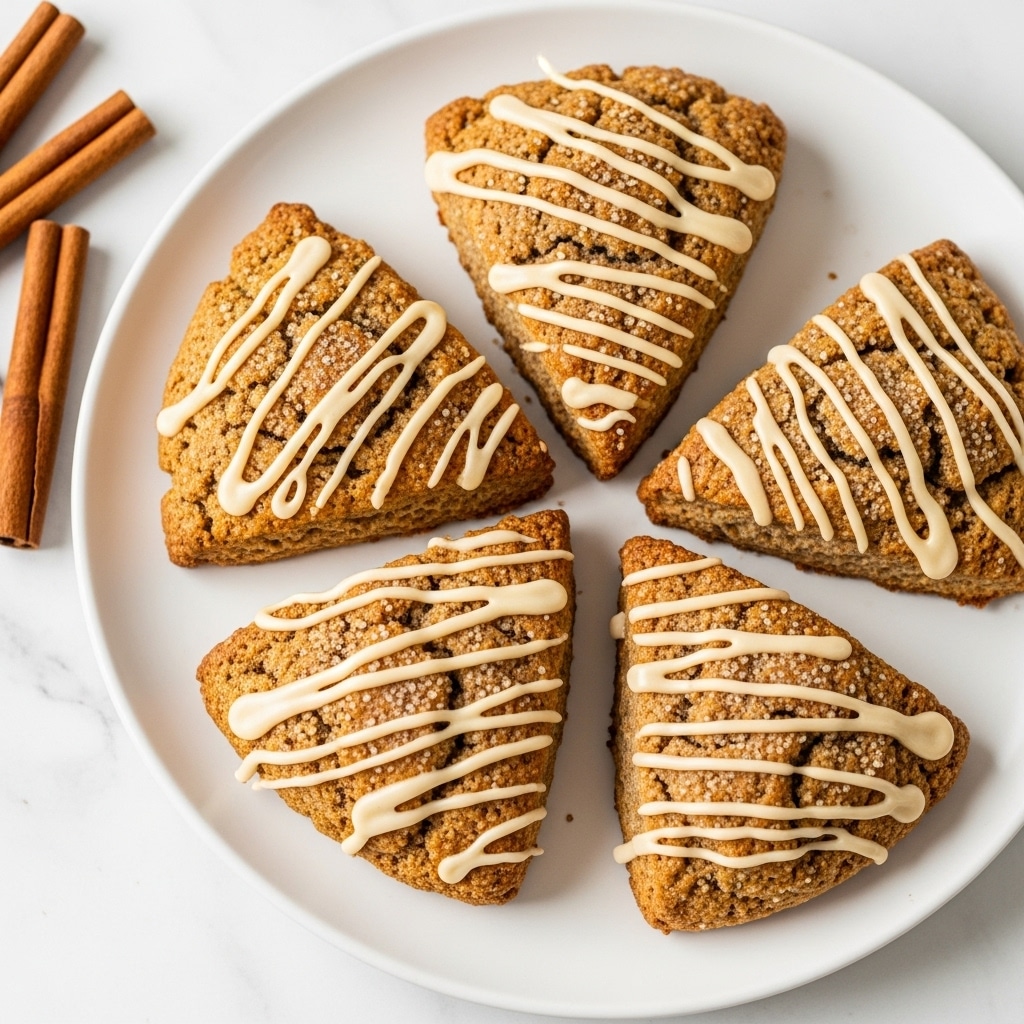 A white plate holds five triangular scones that are golden brown with a rough, crumbly texture and sprinkled with coarse sugar on top. Each scone has a light cream-colored icing drizzled across in thin, slightly uneven lines. The surface under the plate is a white marbled texture, and cinnamon sticks lie nearby on the left side, adding a warm, rustic touch. The arrangement highlights the scones’ crisp edges and soft centers with natural lighting. Photo taken with an iphone --ar 4:5 --v 7