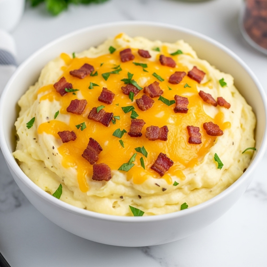 In a white bowl filled to the top, there is a creamy layer of mashed potatoes that is pale yellow and soft in texture. On top, there is a melted layer of golden yellow cheddar cheese spread unevenly, with small crispy brown bacon bits scattered all over. Small green parsley flakes are sprinkled across the surface, adding a fresh touch of color. The bowl sits on a white marbled surface, showing some blurred green and other kitchen items in the background. photo taken with an iphone --ar 4:5 --v 7