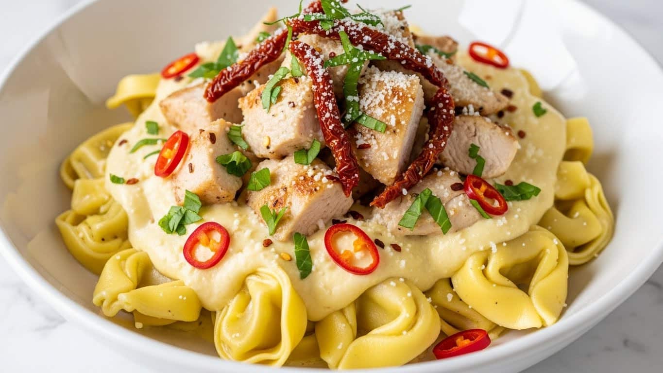 The dish shows several layers starting with a base of yellowish tortellini pasta, soft and slightly glossy, scattered all over a white plate. On top of the pasta, there are small, browned chunks of grilled chicken pieces with a crispy texture. A creamy white cheese sauce covers part of the chicken and pasta, melting smoothly and blending into the dish. Small bits of chopped green herbs are sprinkled evenly on top, adding a fresh touch, and small diced red peppers are centered on the cheese layer, giving a bright pop of color to the dish. The white marbled surface is blurred in the background. photo taken with an iphone --ar 4:5 --v 7