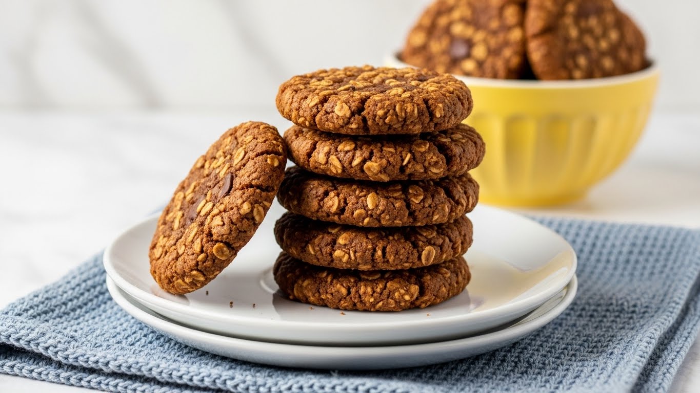 The image shows a stack of dark brown oatmeal cookies with visible oats and a rough texture, placed on two white plates stacked together. The cookies are round and uneven in shape, with one cookie lying flat and the others leaning against each other. In the background, there is a yellow bowl filled with similar cookies, slightly blurred. The setting includes a blue and white knitted cloth underneath the plates and a white marbled surface. photo taken with an iphone --ar 4:5 --v 7