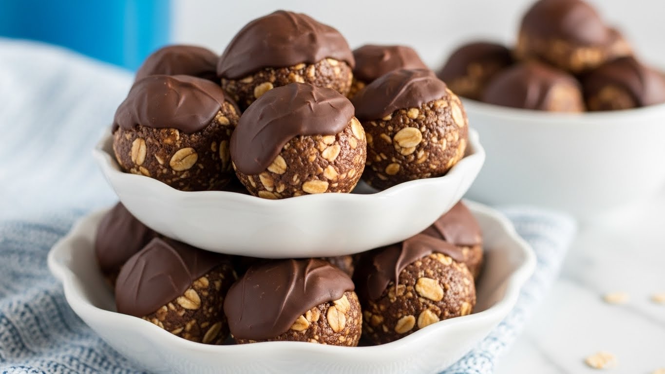 A white scalloped bowl filled with two layers of small, round chocolate oat balls that are textured with visible oats and a glossy chocolate coating, stacked closely together. The bowl is placed on a white marbled surface with a blue and white knitted cloth underneath. In the blurred background, there is a second bowl also filled with chocolate oat balls and a blue container. photo taken with an iphone --ar 4:5 --v 7