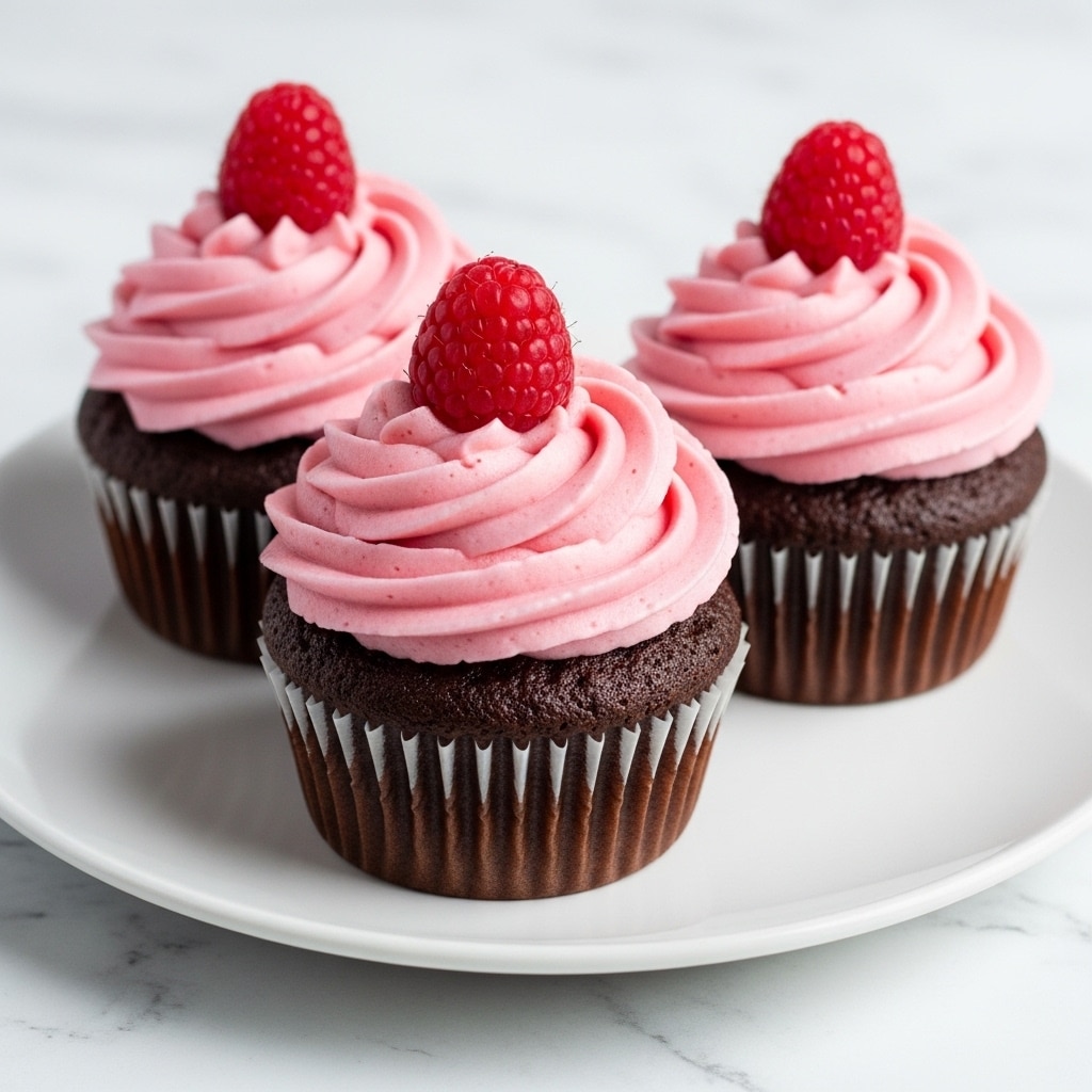 The image shows three chocolate cupcakes arranged on a white plate, placed on a white marbled surface. Each cupcake has a dark brown base with a soft texture, topped with a thick swirl of smooth pink frosting that forms elegant loops. On top of each frosting swirl sits a fresh, bright red raspberry, adding a pop of color and texture contrast. The close-up view captures the rich details of the cupcake liner ridges and the creamy frosting's gentle shadows. Photo taken with an iphone --ar 4:5 --v 7