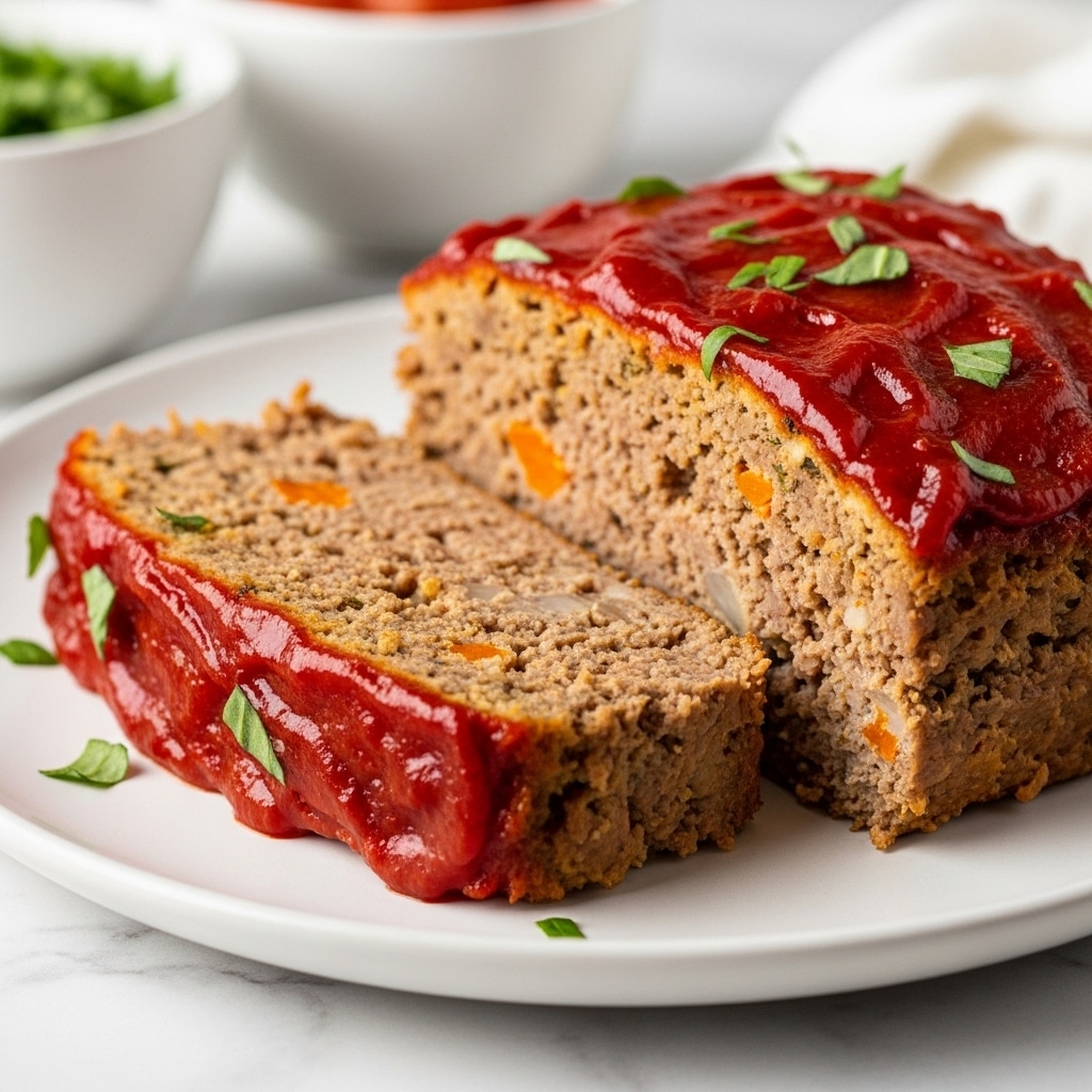 A close-up of two thick slices of meatloaf sitting side by side on a white plate, each slice has a chunky texture with visible bits of meat and vegetables cooked inside. The top of the meatloaf is covered in a shiny, bright red sauce spread evenly, garnished with small green herb leaves scattered across it. In the background, there are two white bowls with blurred contents, all set on a white marbled surface. photo taken with an iphone --ar 4:5 --v 7
