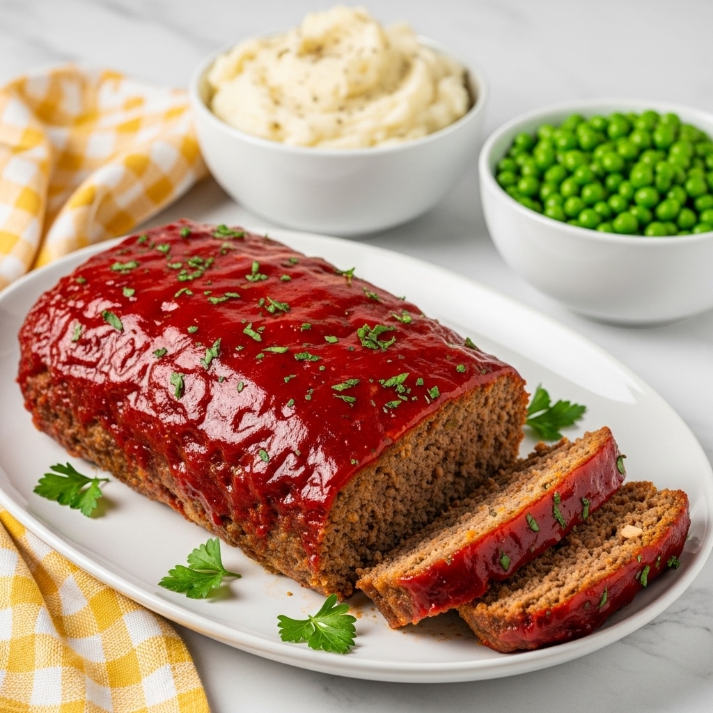 A white oval plate holds a meatloaf covered in a shiny, thick red glaze with small green herb pieces sprinkled on top; the meatloaf is partially sliced, showing a dense, textured brown interior with some bits of seasoning visible. Around the meatloaf are small green parsley garnishes on the white marbled surface underneath. In the background, there are two white bowls: one filled with creamy mashed potatoes with hints of black pepper, the other with bright green peas. The setting is on a soft yellow and white checkered cloth on a white marbled surface. Photo taken with an iphone --ar 4:5 --v 7