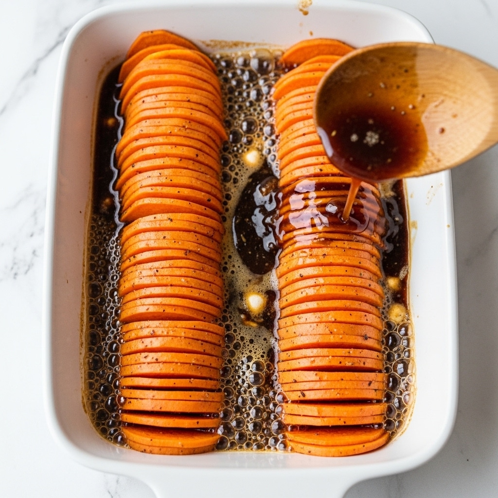 The image shows a white rectangular baking dish with two neat rows of thin, overlapping orange sweet potato slices standing upright, immersed in bubbling dark brown liquid with light foamy patches on top. A wooden spoon is midway pouring more of the same liquid sauce over the right row of sweet potatoes, creating a shiny wet surface on the slices. The sweet potato slices have a smooth texture with light seasoning visible, and the sauce looks rich and slightly thick, coating the slices as it flows. The white marbled surface beneath the dish adds brightness to the image. photo taken with an iphone --ar 4:5 --v 7