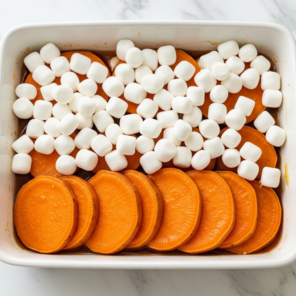 A white rectangular dish holds a layered sweet potato casserole. The bottom layer consists of vibrant orange sweet potato slices arranged in two neat rows, showing their smooth, slightly glossy texture and curved edges. Scattered generously over the sweet potatoes are many small, soft white marshmallows, sitting loosely and unevenly on top, adding a fluffy, pillowy look. The sides of the dish show some brownish syrup or sauce that looks slightly sticky and caramelized. The dish is placed on a white marbled surface. photo taken with an iphone --ar 4:5 --v 7