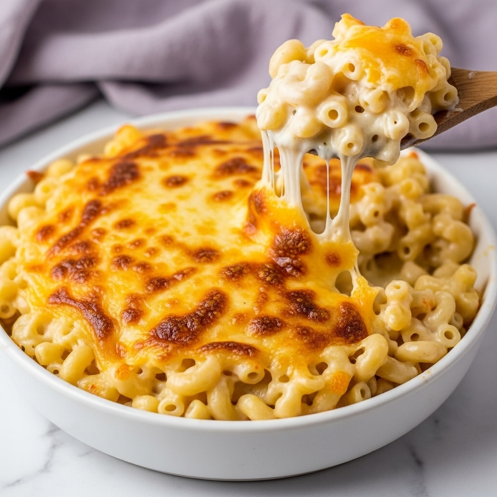 A dish of macaroni and cheese in a round white bowl. The top layer is golden brown melted cheese with a slightly crispy texture. Underneath, there are small macaroni pasta covered in creamy, light yellow cheese sauce. A wooden spoon with cheese stretches as it lifts a portion from the bowl, showing the gooey and rich texture inside. The background is a white marbled surface with a soft purple cloth in the back. Photo taken with an iphone --ar 4:5 --v 7