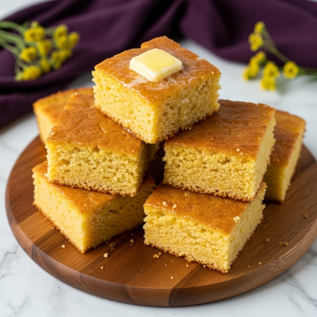 The image shows five square pieces of golden-brown cornbread stacked in a small pyramid on a round wooden board. The top cornbread piece has a small square of butter melting on it, creating a glossy texture. The cornbread looks moist and crumbly with a slightly crispy edge. In the background, there is a dark purple cloth and some small yellow flowers, all set on a white marbled surface. photo taken with an iphone --ar 4:5 --v 7