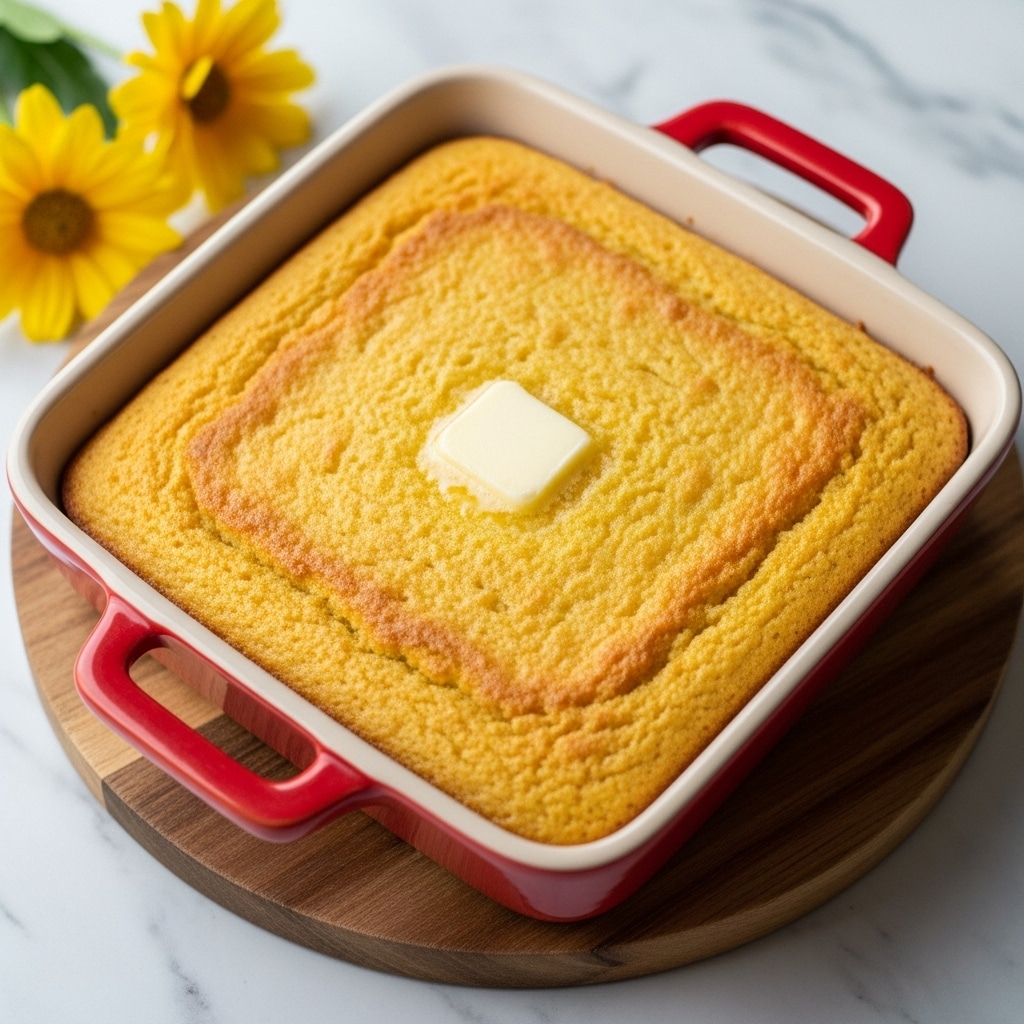 A square-shaped golden cornbread with a slightly crispy top layer sits evenly baked in a white square ceramic dish with red handles on each side. A small square pat of melting butter is placed in the center of the cornbread, creating a soft contrast against the golden brown surface. The dish rests on a round wooden board with yellow flowers tucked behind it, all set on a white marbled surface. The texture of the cornbread looks moist yet crumbly, with a smooth browned top covering the entire visible layer. Photo taken with an iphone --ar 4:5 --v 7