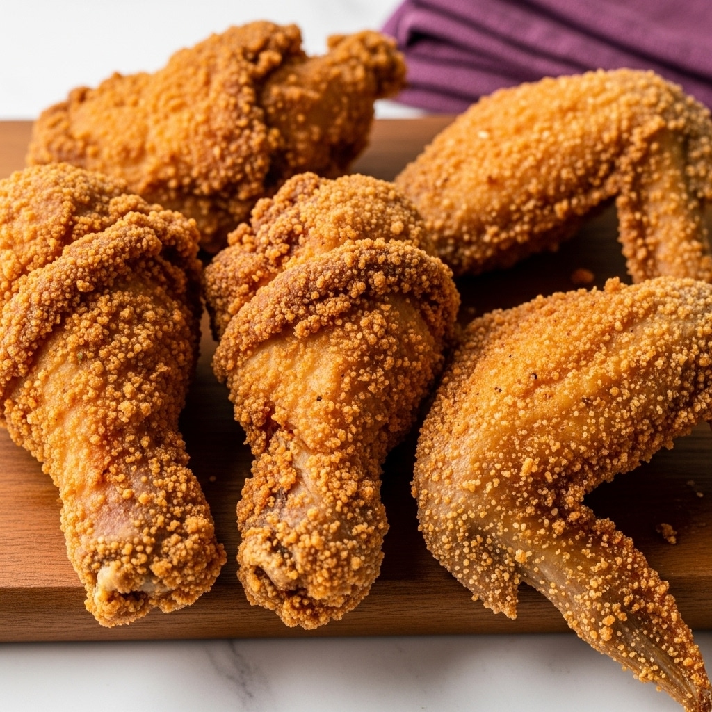 Four pieces of fried chicken, two drumsticks and two wings, are arranged closely on a wooden board. Each piece has a crispy, golden-brown coating with a slightly rough texture and a shiny finish from the oil. The drumsticks show a bumpy breading surface, while the wings have a flatter breaded appearance. The background is a white marbled surface with a folded purple cloth partially visible behind the chicken. Photo taken with an iphone --ar 4:5 --v 7