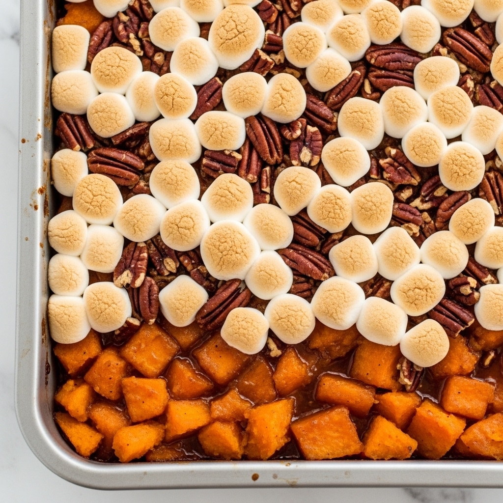 The image shows a close-up of a baked sweet potato casserole in a silver baking dish placed on a white marbled surface. The dish has two visible layers: the bottom layer is chunky, bright orange sweet potatoes coated with a glossy, syrupy sauce, while the top layer is covered with golden brown toasted marshmallows mixed with a generous scattering of dark brown pecan halves, adding texture and contrast. The marshmallows have a slightly melted, fluffy texture with some brown spots showing they are toasted perfectly. Photo taken with an iphone --ar 4:5 --v 7