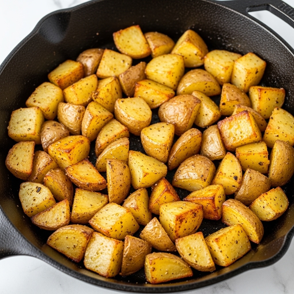 The image shows golden brown potato chunks cooked in a black cast iron skillet, with a shiny, slightly oily coating and a hint of seasoning visible on the surfaces. The potato pieces are cut into irregular, bite-sized chunks with some edges slightly crisped, giving a mix of soft and crunchy textures. The background is a white marbled texture, and the skillet's black color contrasts with the warm yellow and golden tones of the potatoes. photo taken with an iphone --ar 4:5 --v 7