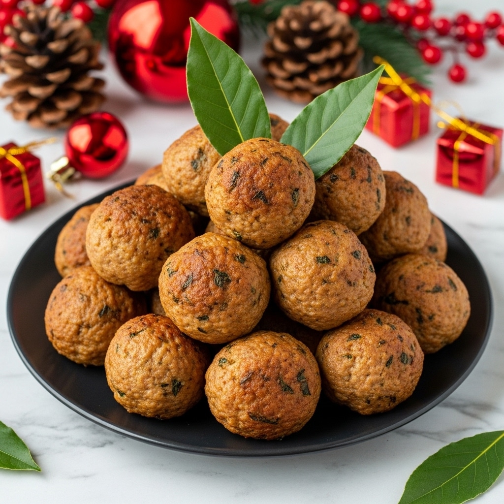 A black plate filled with a pile of golden brown meatballs, each meatball showing a slightly crispy texture with some herbs visible on top. The meatballs are stacked high, giving a sense of fullness and richness. There are a few fresh green bay leaves placed on top as garnish, adding a touch of color contrast. The plate is set on a white marbled surface with festive decorations such as red ornaments, pine cones, and small wrapped gifts in the background, creating a warm, holiday atmosphere. photo taken with an iphone --ar 4:5 --v 7