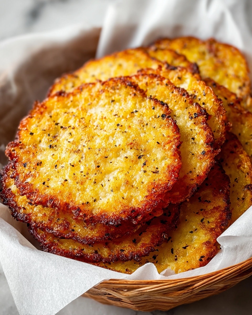 A basket lined with white parchment paper holds a stack of about seven golden-brown, crispy potato pancakes. Each pancake is round, with a slightly uneven edge and a textured surface showing small bits of grated potato. The pancakes have a rich golden-yellow color with darker, caramelized brown spots around the edges and scattered black pepper flecks on top. The light shines softly on them, highlighting the crispy and slightly oily texture. The basket sits on a white marbled texture. photo taken with an iphone --ar 4:5 --v 7