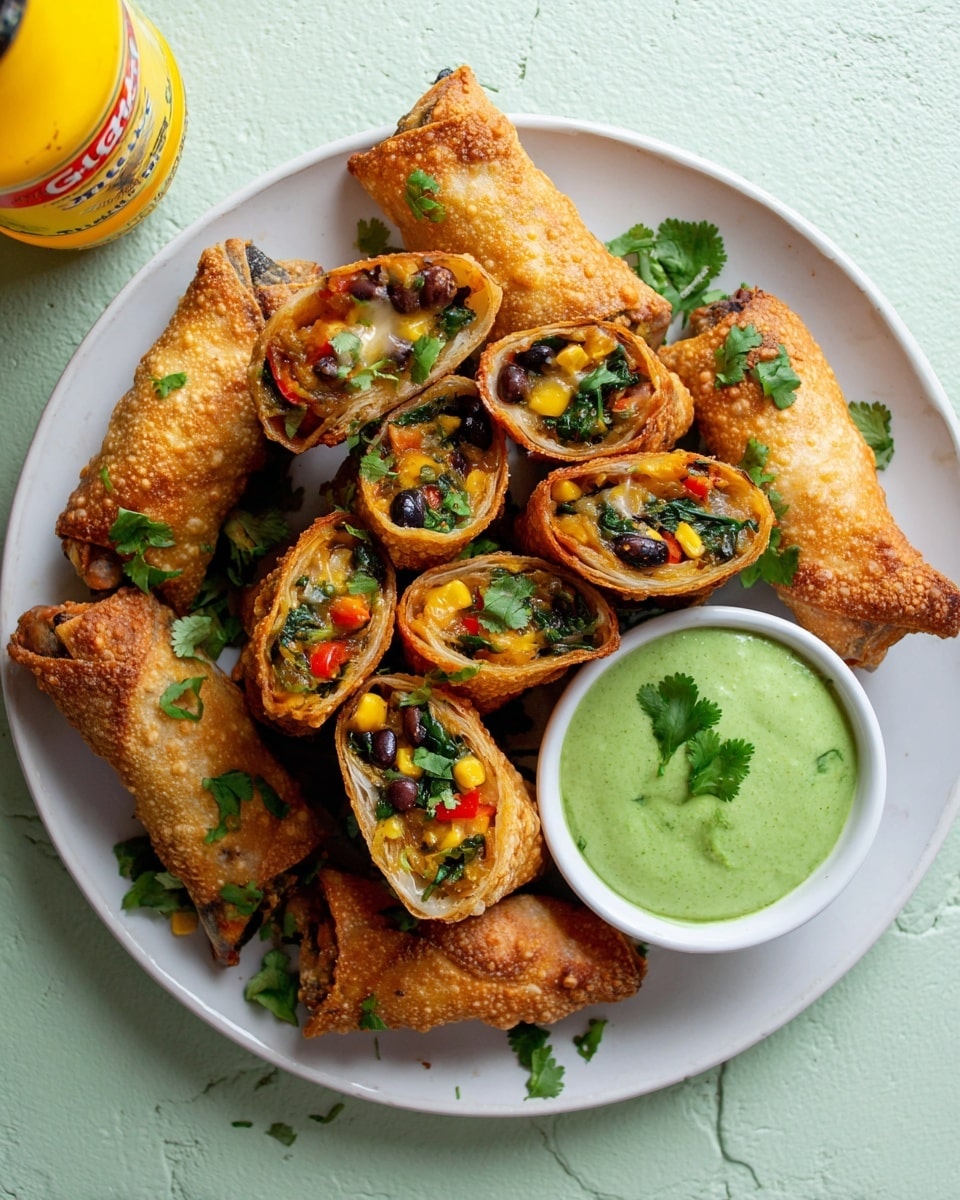 A close-up of crispy golden-brown egg rolls arranged on a white plate with bright green chopped herbs sprinkled on top, one egg roll is cut open showing colorful layers of cooked spinach, corn, red peppers, and other vegetables inside with a slightly reddish-orange sauce, a white bowl filled with creamy light green dipping sauce garnished with chopped herbs sits on the plate, a woman's hand is dipping one egg roll into the sauce, the background is a solid teal color, the surface is a white marbled texture photo taken with an iphone --ar 4:5 --v 7
