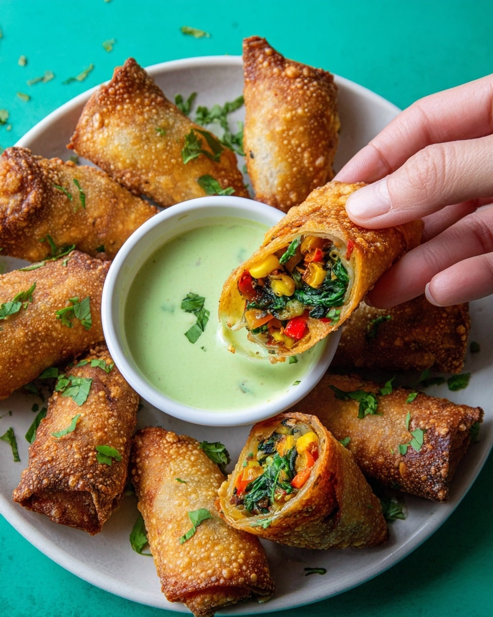 A white plate holds multiple golden-brown, crispy egg rolls cut in half, showing colorful layers inside with dark spinach leaves, yellow corn kernels, black beans, red bell pepper, and melted cheese mixed together. Fresh green cilantro leaves sprinkled on top add a bright touch. On the side of the plate is a small white bowl filled with smooth green dip garnished with cilantro leaves. The plate is placed on a white marbled textured surface with a yellow bottle cap and part of a bottle visible on the left. photo taken with an iphone --ar 4:5 --v 7