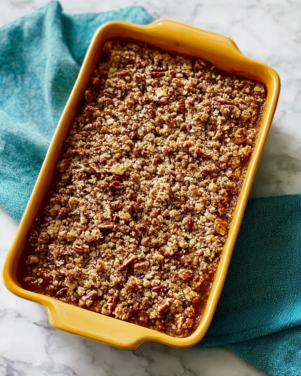 A close-up image of a spoonful of a two-layer dessert. The bottom layer is smooth and bright orange, resembling soft sweet potato or pumpkin mash. The top layer is a crumbly, golden-brown nut topping with small pieces of pecans mixed in, giving it a textured look. The spoon is lifted above a white dish filled with the same two layers. The background is a white marbled texture, softly blurred to keep focus on the dessert. Photo taken with an iphone --ar 4:5 --v 7