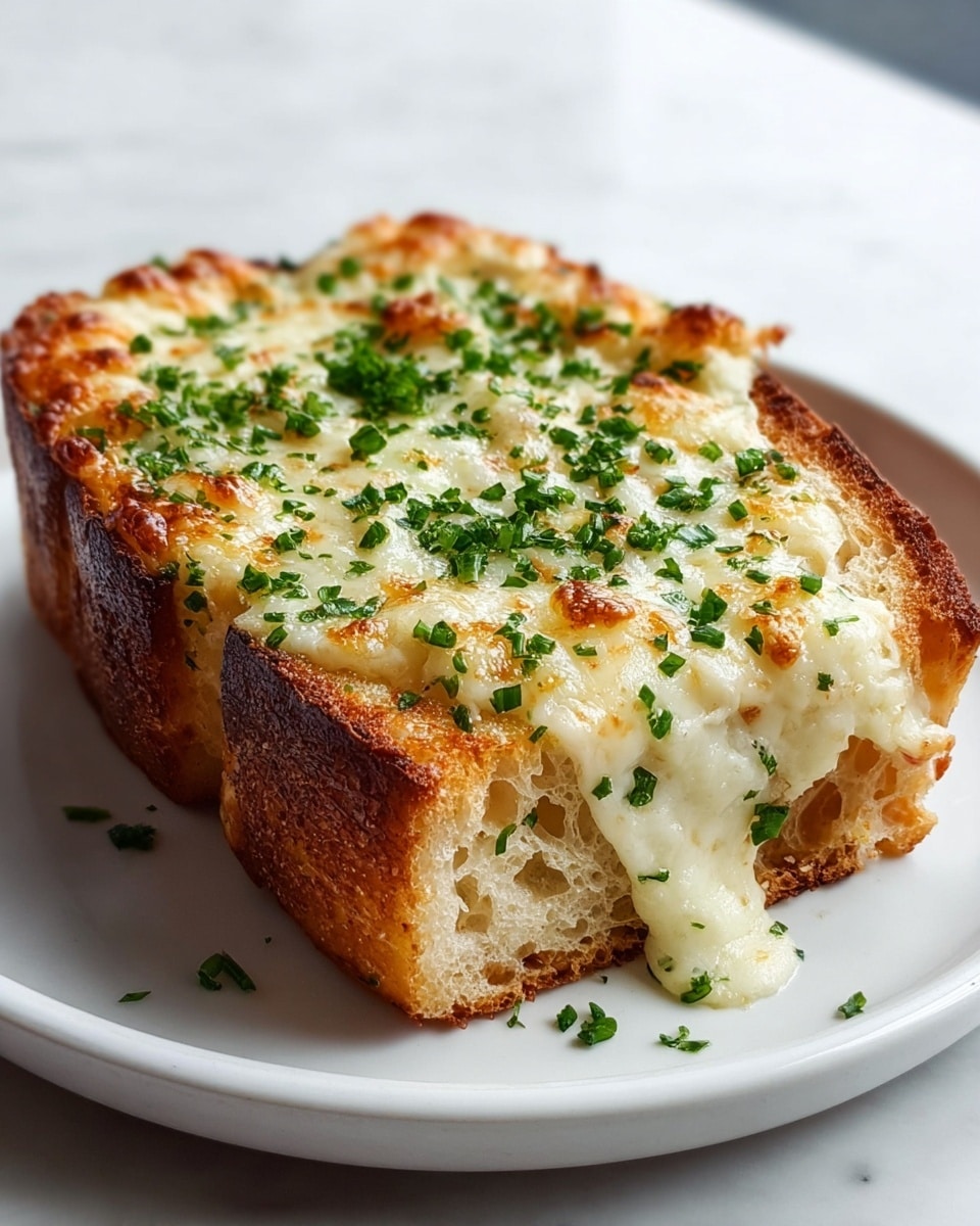 A slice of thick, toasted bread with a golden brown crust forms the base layer, topped with a thick layer of melted, bubbly cheese that is slightly browned at the edges, with some cheese dripping down the side. The top is sprinkled with finely chopped green herbs, adding a fresh color contrast. The bread's texture is airy with visible holes, and the dish is served on a simple white plate placed on a white marbled surface. photo taken with an iphone --ar 4:5 --v 7
