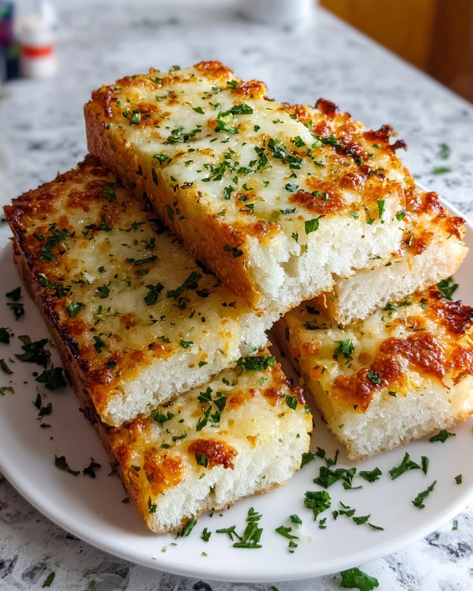 The image shows a white plate with six thick rectangular slices of cheesy garlic bread stacked in two layers, three slices on the bottom and three on top at a slight angle. Each slice has a golden brown toasted crust at the bottom with a soft white center. The top layer is covered evenly with melted cheese, toasted to a light golden color with some darker spots, and sprinkled with finely chopped green herbs for a fresh look. Some herbs are also scattered on the plate around the bread. The background features a white marbled texture. photo taken with an iphone --ar 4:5 --v 7