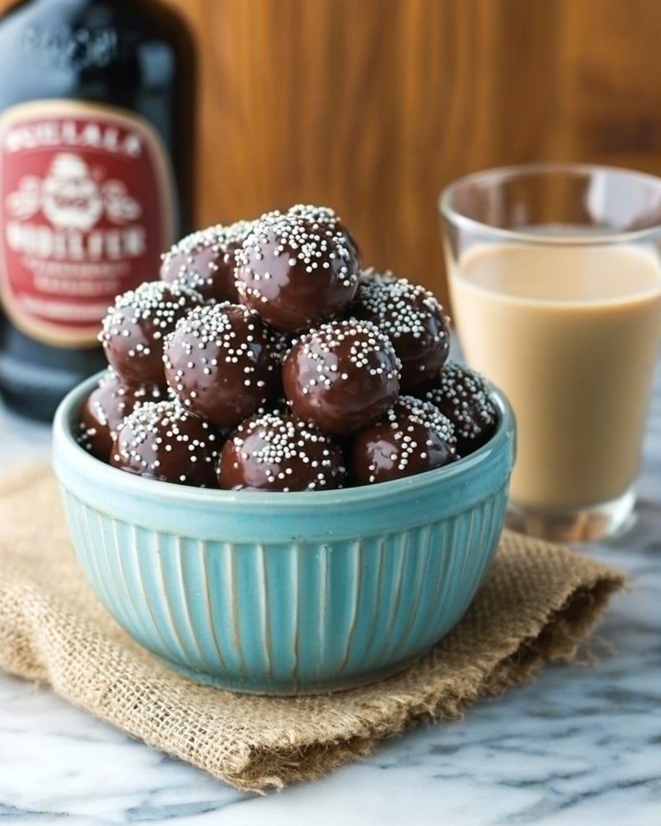A tall pile of round chocolate balls covered in smooth dark chocolate with small white sprinkles on top fills a light blue bowl with vertical ridges. The bowl sits on a natural fiber placemat on a white marbled surface. In the blurred background, a dark bottle with a red and cream label stands next to a clear glass filled with creamy beige liquid. Photo taken with an iphone --ar 4:5 --v 7