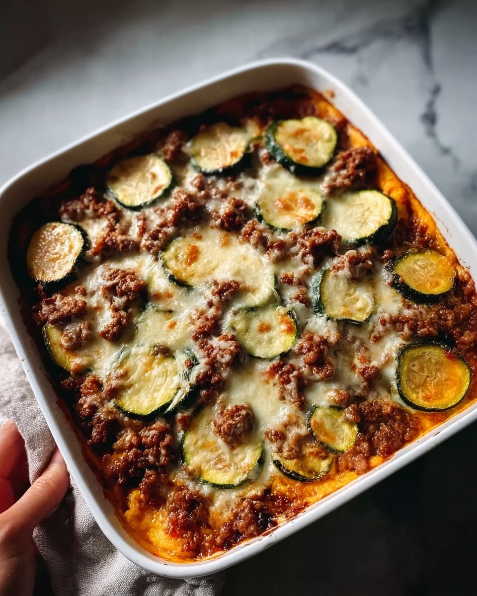 A white square baking dish holds a baked zucchini casserole with about three visible layers. The bottom layer is a rich red tomato sauce with bits of browned ground meat. Above this, there is a layer of sliced zucchini rounds, their green skin and pale yellow centers visible. Topping this is a melted, golden-brown cheese layer, bubbly and slightly browned in spots, with a small sprig of fresh green herbs on top. The dish is placed on a white marbled surface with a light gray cloth nearby. Photo taken with an iphone --ar 4:5 --v 7
