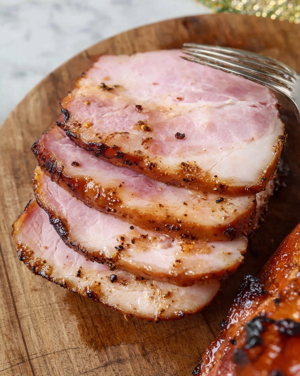 The image shows four slices of cooked ham layered on top of each other on a wooden board with a golden-brown roasted piece of meat visible at the bottom right corner. The ham slices are pale pink with some darker browned and slightly charred spots along the edges, showing a soft texture with small bits of seasoning. A silver fork is placed on the right side of the meat, resting on the wooden board. The next layer is shiny and caramelized, indicating a crisp outer. The setting is on a white marbled texture surface. photo taken with an iphone --ar 4:5 --v 7