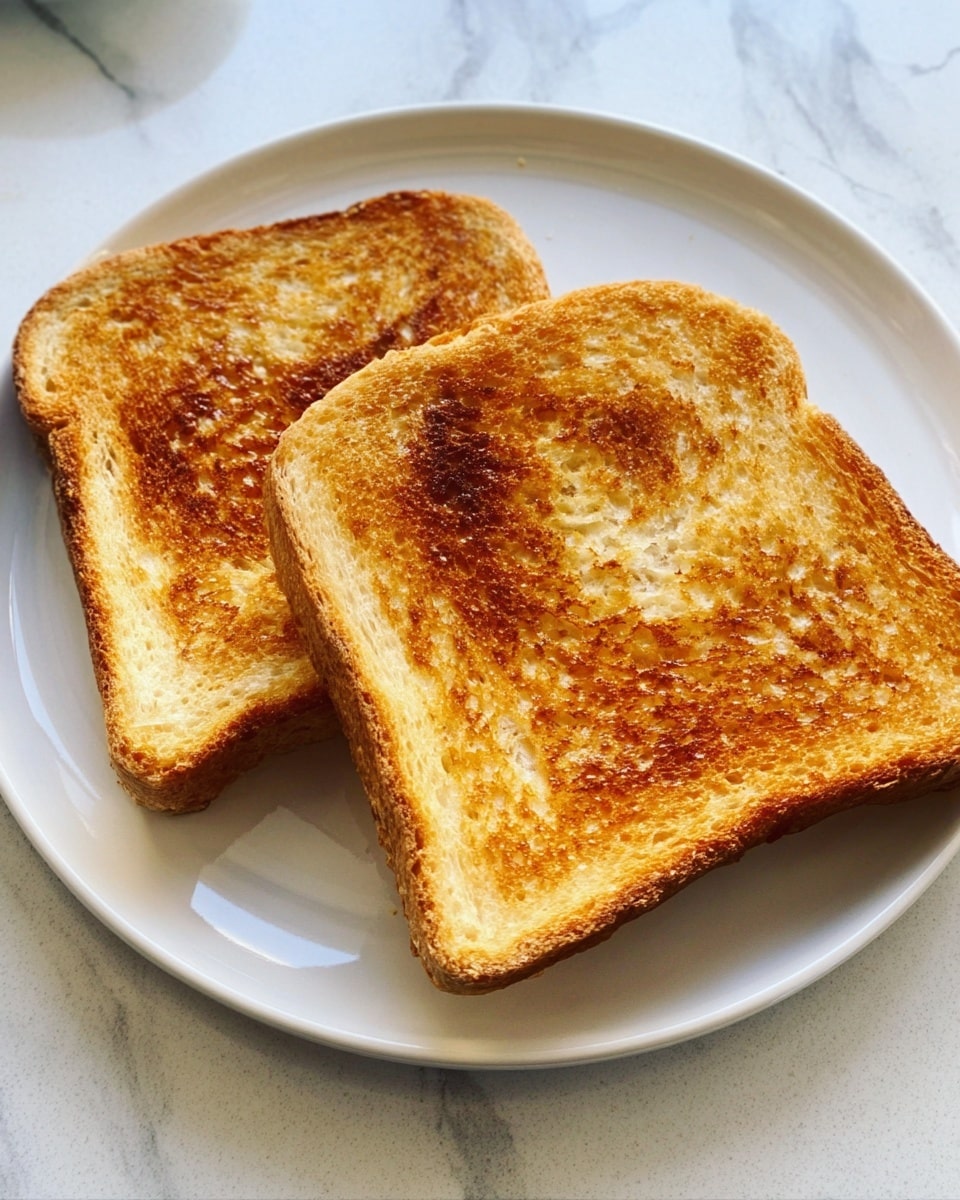 The image shows a close-up of a thick slice of toasted bread with a golden-brown crust, featuring a crispy texture on the top surface and soft, fluffy white inside visible from the side. The toast sits on a white plate on a white marbled surface, highlighting the warm, inviting colors of the bread. Photo taken with an iphone --ar 4:5 --v 7