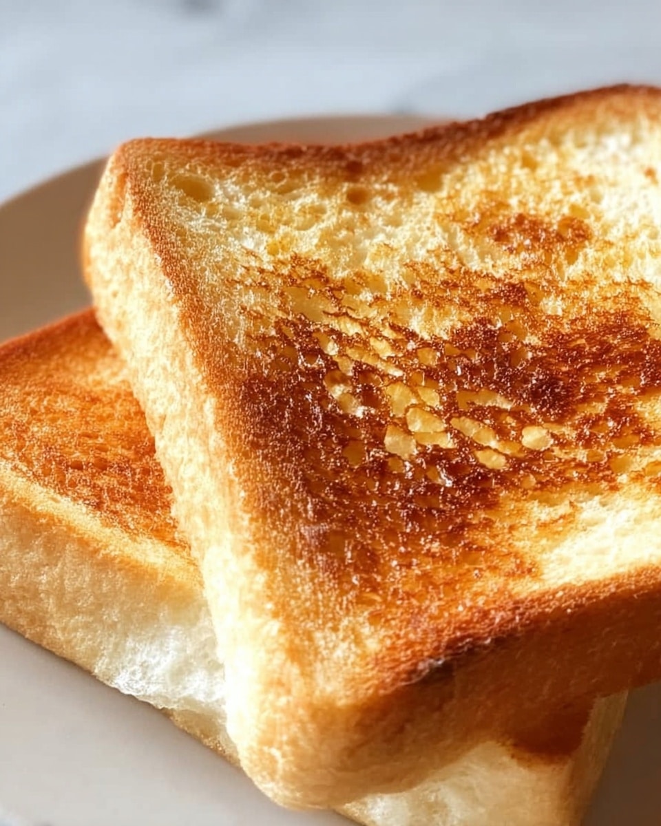 Two slices of toasted bread with a golden brown color and a slightly crispy texture rest on a white plate. The toast has darker brown lines where it was grilled, with a visible crumb structure on the edges. The background is a white marbled surface, giving a clean and bright look to the image. photo taken with an iphone --ar 4:5 --v 7