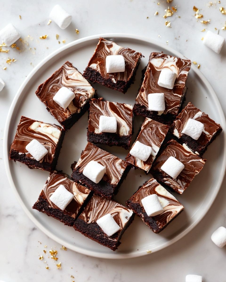 A white round plate holds 18 square brownies arranged neatly, each piece showing two layers: a dense dark brown base layer topped with a glossy, swirled chocolate and white cream mixture creating a marbled effect. Each brownie is decorated with a small, soft white marshmallow placed in the center on top of the swirled layer. The plate sits on a white marbled surface with small crumbs and a few marshmallows scattered around, along with touches of gold flakes adding contrast. The overall look is rich, smooth, and inviting, with the swirls giving a dynamic texture to the glossy top. photo taken with an iphone --ar 4:5 --v 7