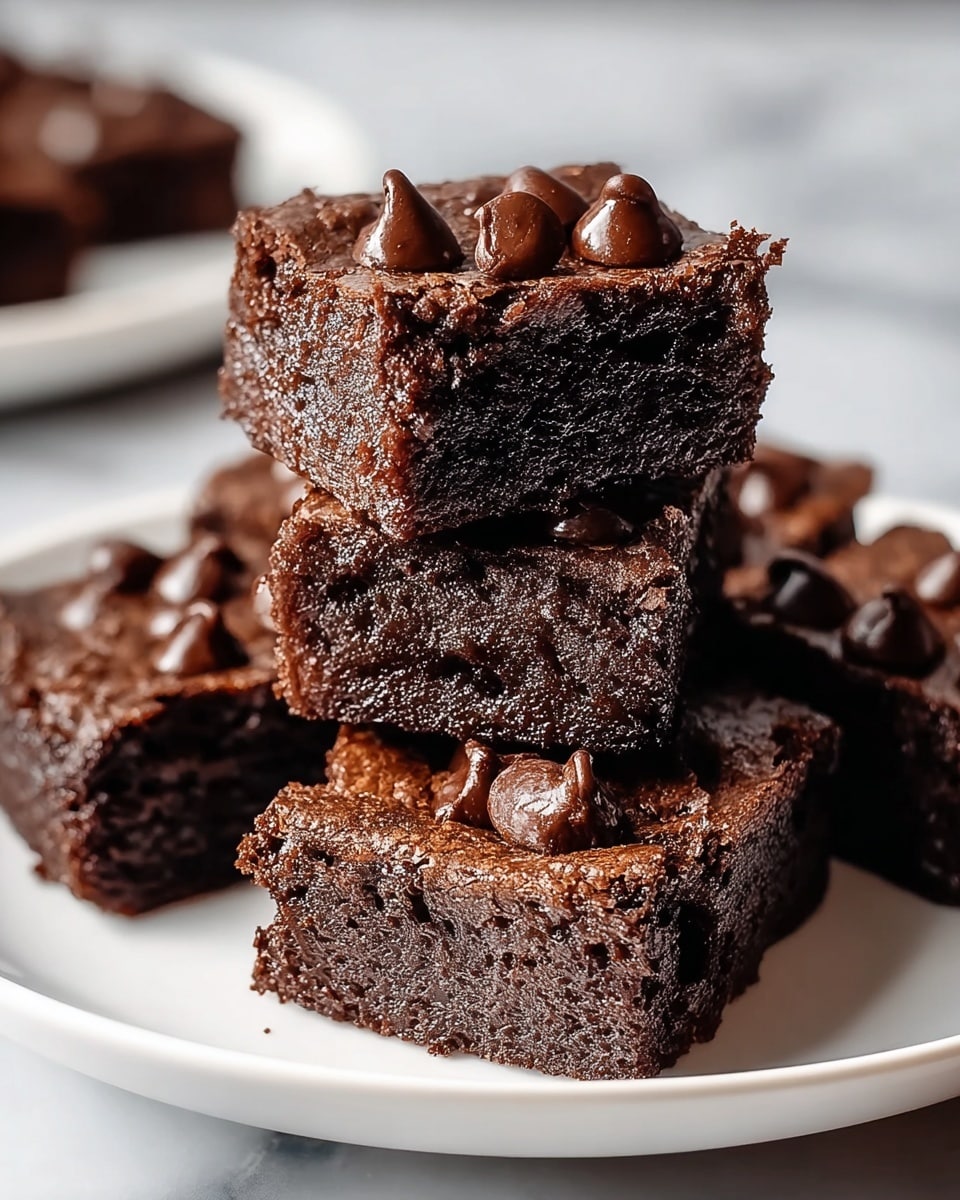 A white plate holds a stack of four rich chocolate brownies, arranged in two layers. The bottom layer has three square brownies with a dense, moist texture, dark brown in color, each sprinkled with chocolate chips that vary in size and shine. Sitting on top is one round brownie with a slightly cracked, glossy surface, decorated with a few larger chocolate chips that add depth and texture. The background is a soft white marbled surface, slightly blurred, highlighting the moist richness of the brownies. photo taken with an iphone --ar 4:5 --v 7