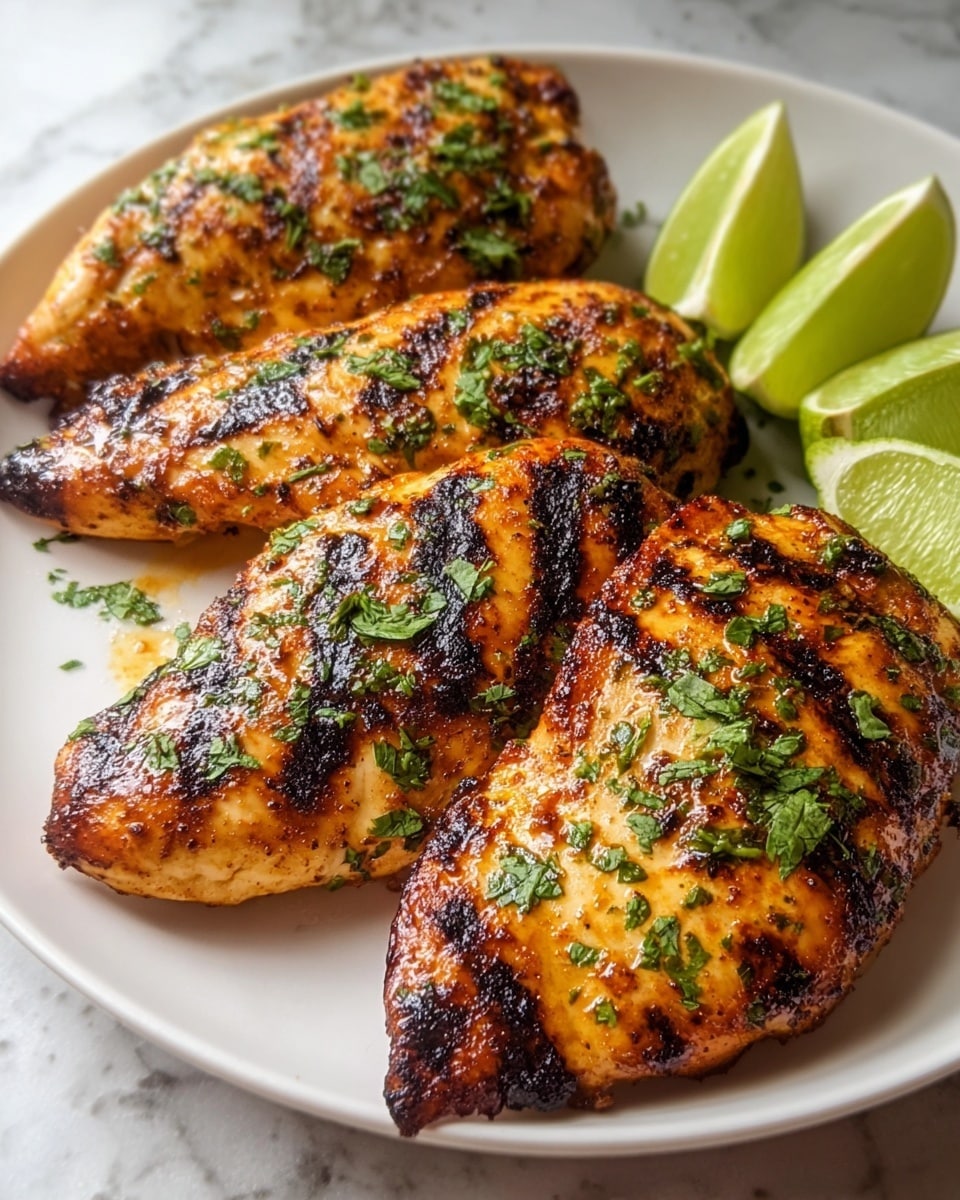 Four grilled chicken breasts with char marks are placed close together on a white plate. The chicken has a shiny, golden brown color with black grill lines and is sprinkled with chopped green herbs, showing a fresh texture. Behind the chicken slices, there are three thin green lime slices slightly overlapping. The plate sits on a white marbled surface. photo taken with an iphone --ar 4:5 --v 7