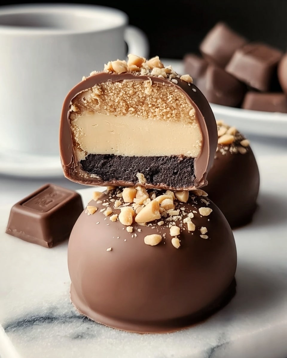 The image shows two round chocolate-covered treats on a white marbled surface. The front treat is whole, with a smooth milk chocolate coating and small crushed peanut pieces scattered on top. Behind it, another treat is cut in half, resting on the whole piece, revealing three layers: a dark chocolate bottom layer, a thick creamy beige middle layer, and a milk chocolate outer coating. In the background, there is a white cup with more chocolate pieces. The lighting highlights the smooth and creamy textures of the chocolate and filling. Photo taken with an iphone --ar 4:5 --v 7