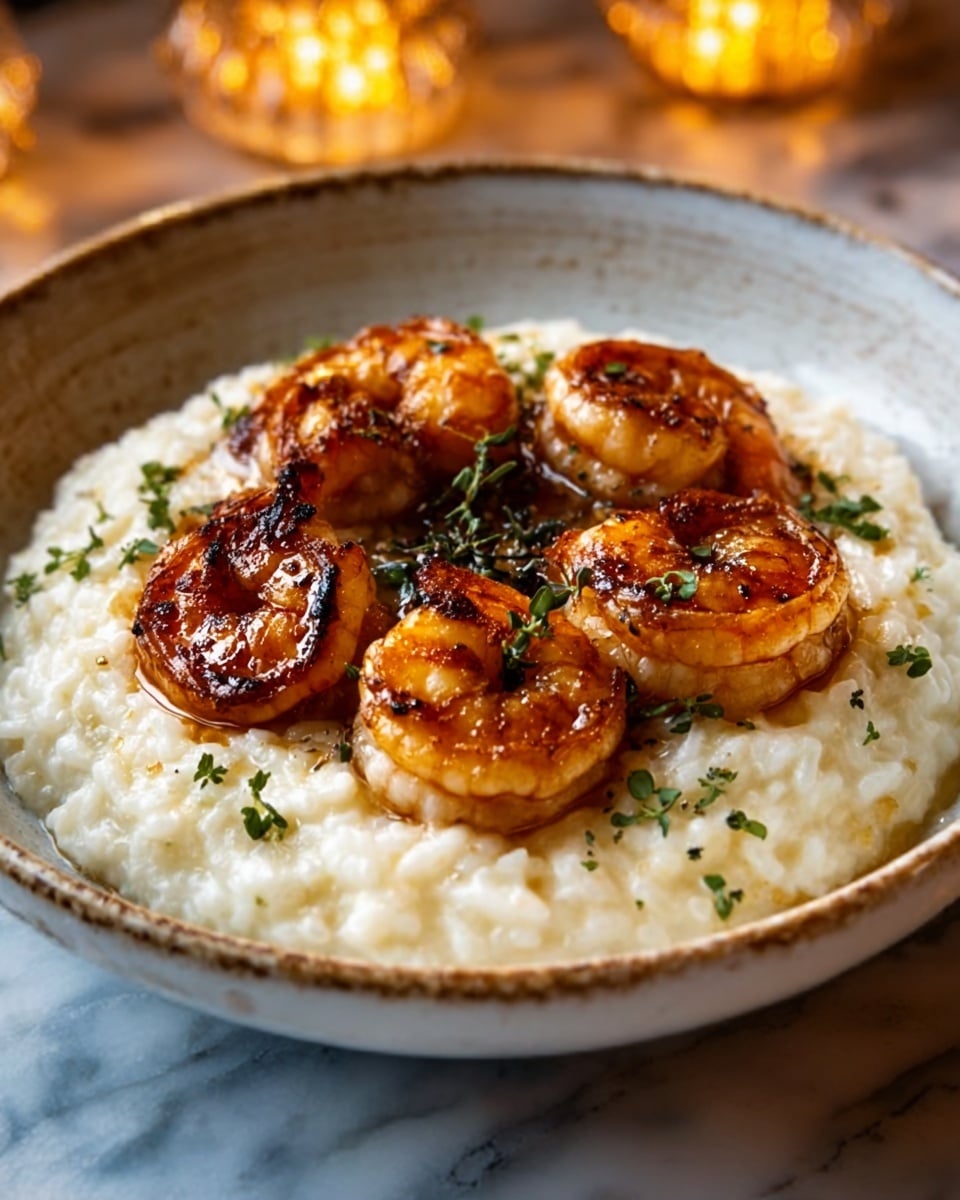 A shallow white bowl holds a creamy white risotto as the base layer, with a smooth and slightly shiny texture. On top, there are six medium brown shrimp arranged in a circle, each showing a slightly crispy, grilled look with a shiny glaze. Small green herbs are sprinkled lightly over the dish, adding a touch of freshness and color contrast. The background shows a white marbled surface with soft warm lights creating a cozy and inviting atmosphere. photo taken with an iphone --ar 4:5 --v 7
