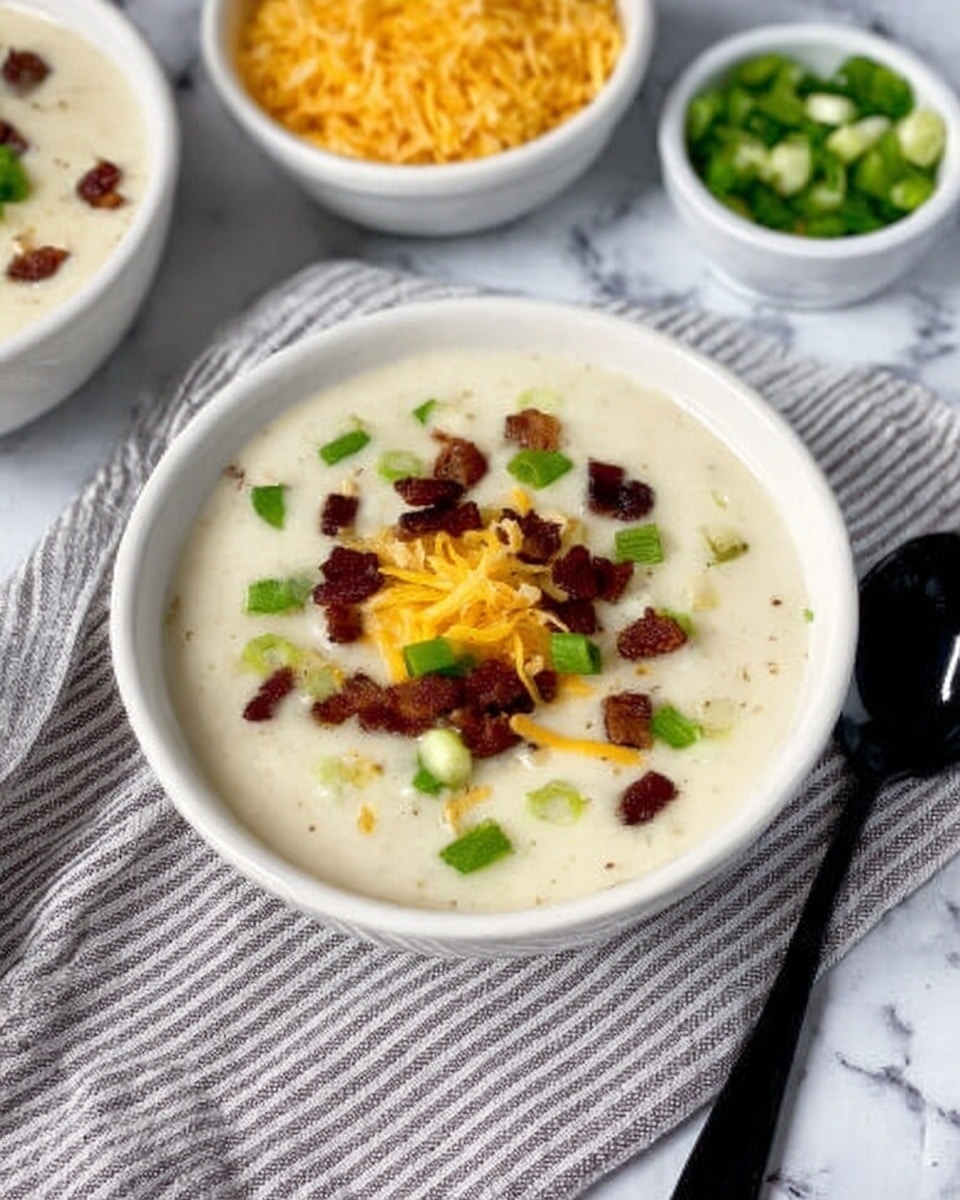 A white bowl filled with creamy white soup, topped with small pieces of dark brown bacon and sprinkled with bright green chopped scallions. In the center, a small mound of shredded yellow cheese adds color contrast. The bowl rests on a gray and white striped cloth napkin on a white marbled surface. To the right of the bowl is a black spoon. In the background, parts of two more white bowls are visible, one with more chopped green scallions and the other with shredded yellow cheese. Photo taken with an iphone --ar 4:5 --v 7