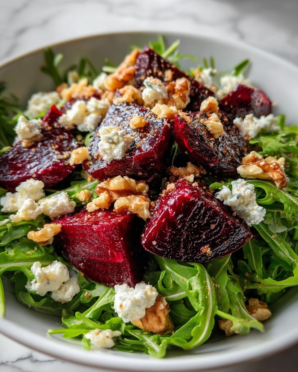 A white bowl filled with a fresh salad showing three main layers: the bottom layer is bright green arugula leaves. On top of that are deep red roasted beet chunks, glossy with a light coating of dressing. The top layer consists of scattered white crumbly cheese pieces and chopped walnuts, adding texture and contrast to the colors. The salad is set on a white marbled surface. photo taken with an iphone --ar 4:5 --v 7