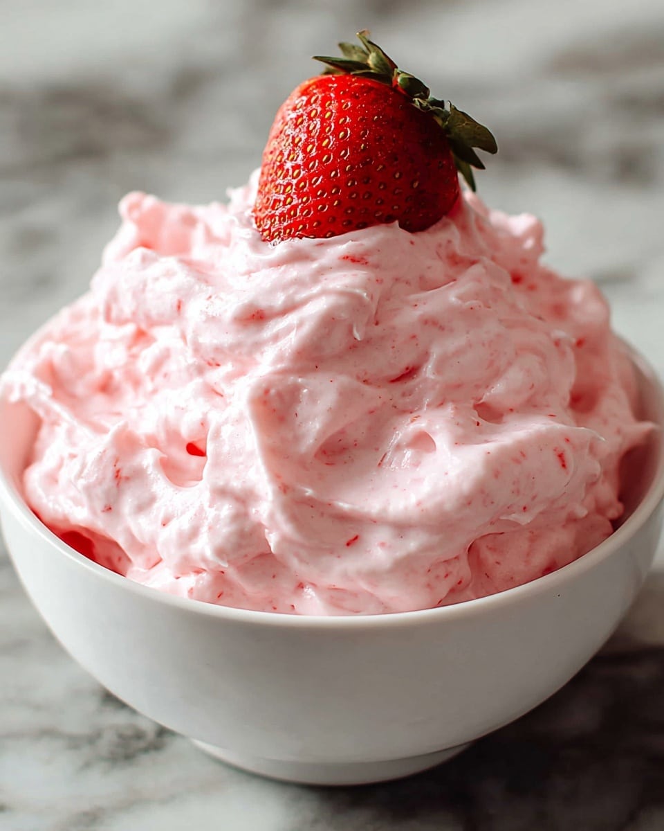 A white bowl filled with a thick, fluffy pink cream that has a smooth but slightly textured surface with visible small strawberry bits mixed in. The pink cream is piled high above the bowl’s rim in soft peaks and curls. On top, near the back edge of the bowl, sits a single red strawberry with green leaves, adding a fresh and vibrant contrast. The bowl is placed on a white marbled surface, and soft natural light highlights the creamy texture. Photo taken with an iphone --ar 4:5 --v 7
