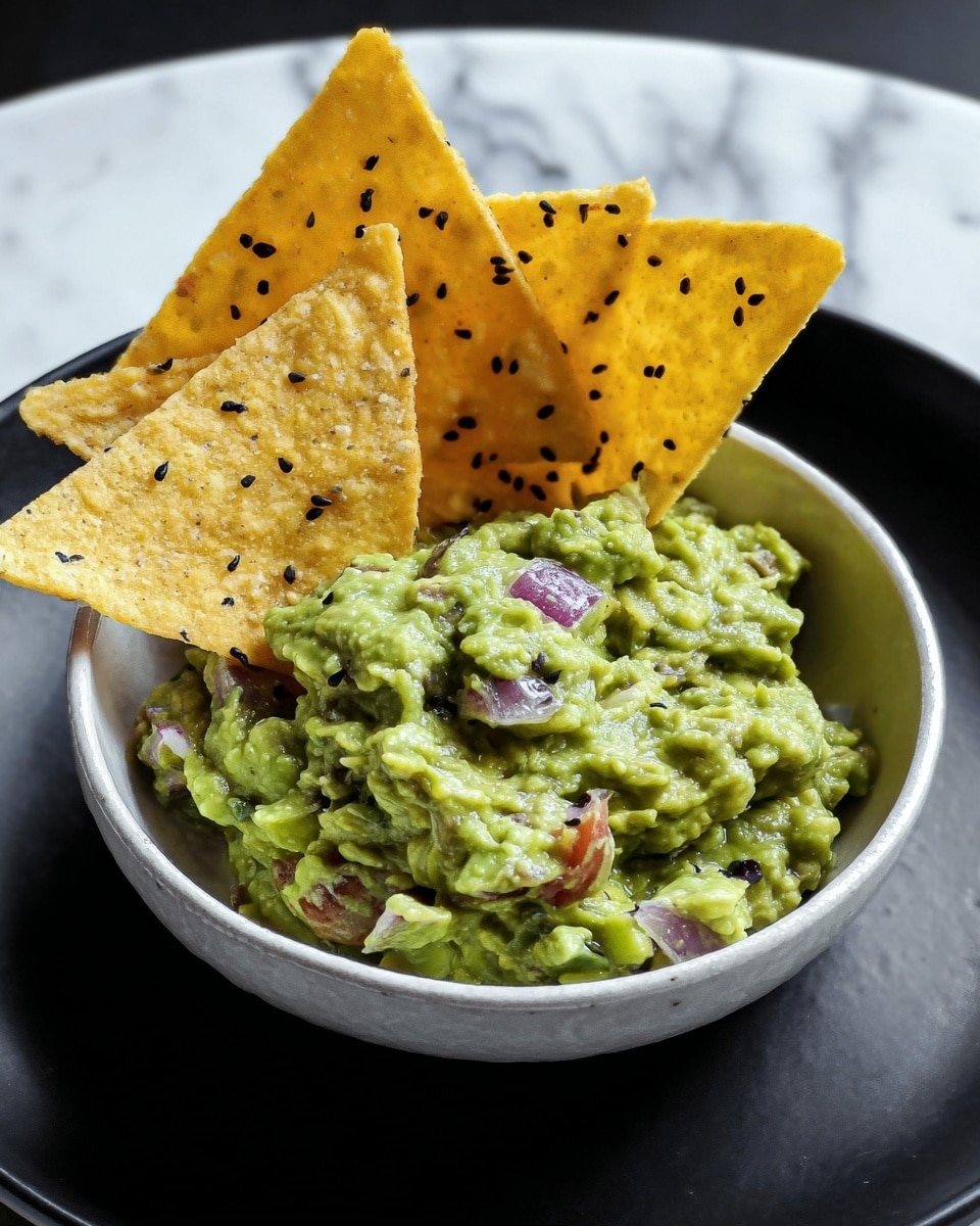 A small white bowl filled with chunky guacamole, showing bright green mashed avocado mixed with pieces of purple onion and small bits of tomato. Three large yellow tortilla chips with black sesame seeds are standing upright inside the guacamole, leaning against the bowl's edge. The bowl sits on a black plate, with a white marbled surface in the background. Photo taken with an iphone --ar 4:5 --v 7