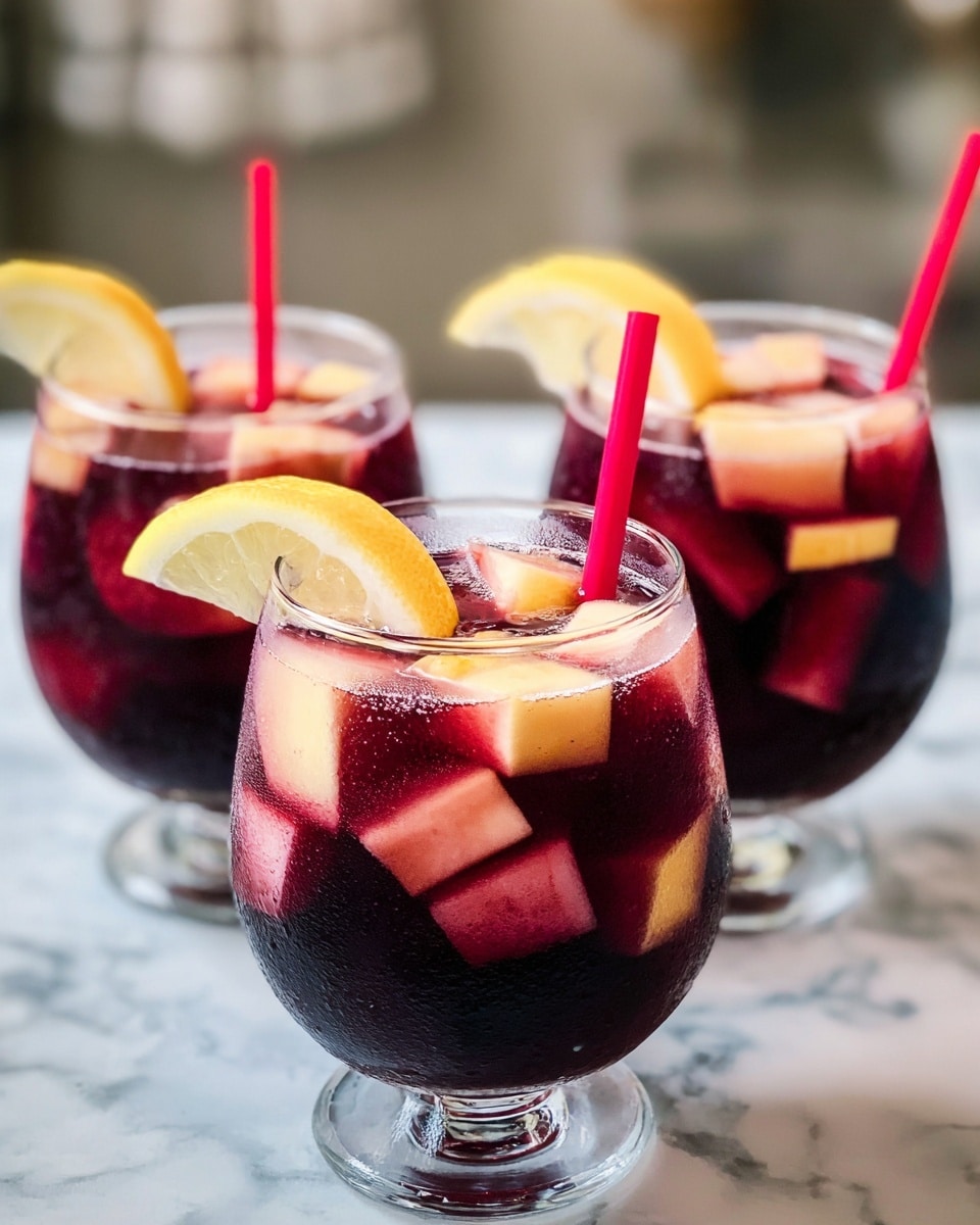 Three clear wine glasses are filled with dark red sangria, each containing visible layers of ice cubes and small chunks of light pink and pale yellow fruit. A curved yellow lemon slice rests on the rim of the front glass. Each glass has a short red straw positioned near the lemon slice. The glasses are placed on a white marbled texture surface with a blurred background. The focus is sharp on the front glass while the two glasses behind are softly blurred. photo taken with an iphone --ar 4:5 --v 7
