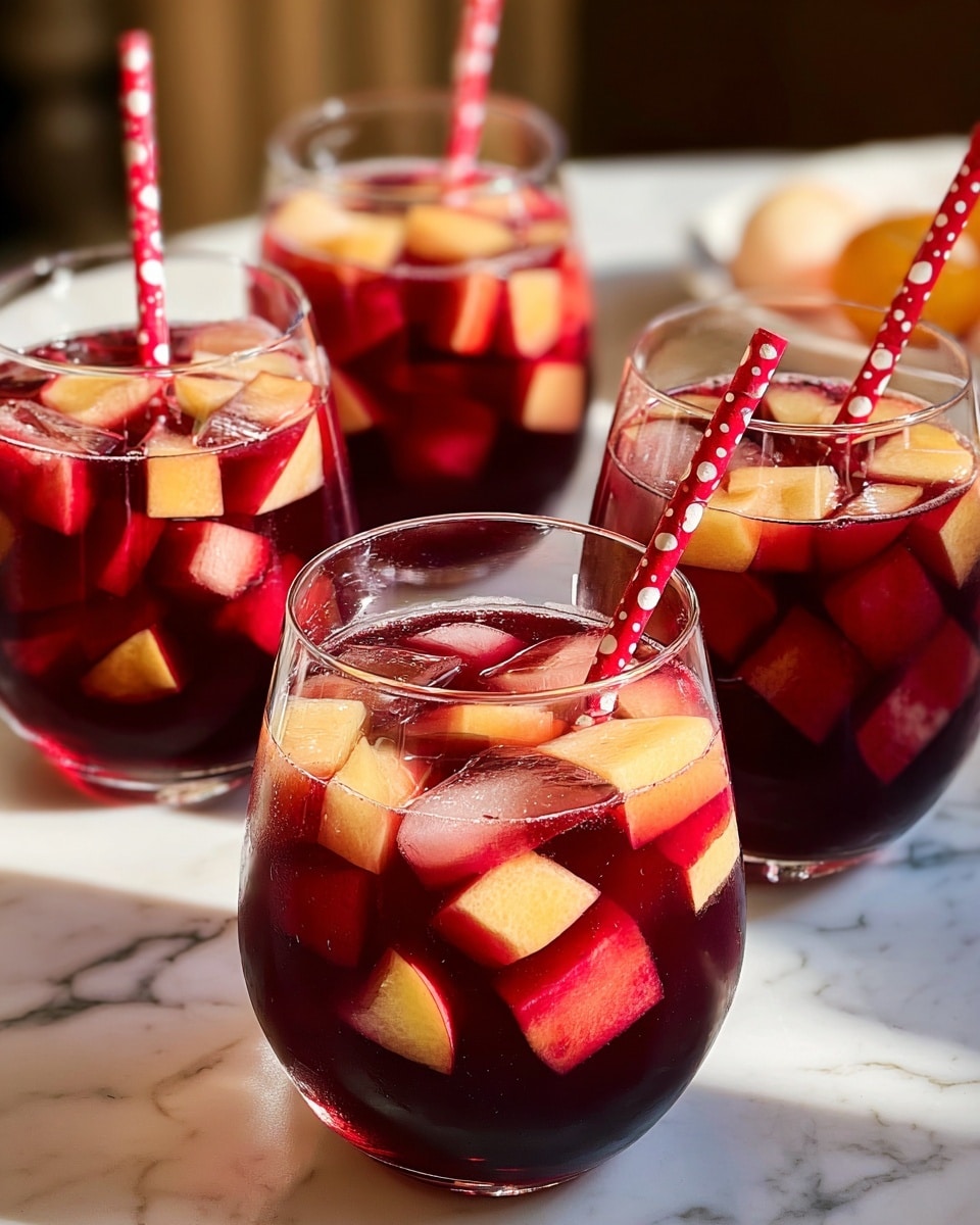 The image shows four clear wine glasses filled with a deep red drink, each glass containing ice cubes and light yellow and red fruit pieces. Each glass has a red straw with white dots, adding a playful touch. The glasses rest on a white marbled surface, and the background is softly blurred with a warm light setting. The drink has a rich color with a reflective surface, highlighting the ice and fruit inside. photo taken with an iphone --ar 4:5 --v 7
