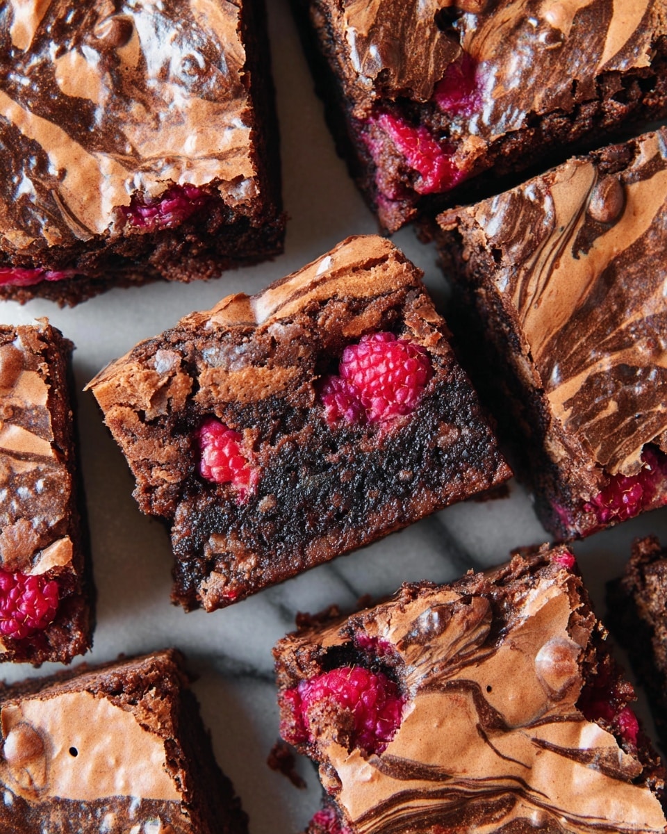 The image shows several square brownie pieces arranged closely together on a white marbled surface. Each brownie has a cracked, slightly shiny top layer in light brown with darker chocolate swirls on top. Inside, the brownies are dense and dark chocolate in color, with visible embedded red raspberry pieces peeking through. Some raspberries break the surface, adding a rough texture and bright red contrast to the rich chocolate. The swirled top layers create an interesting pattern with a mix of smooth and cracked textures. photo taken with an iphone --ar 4:5 --v 7