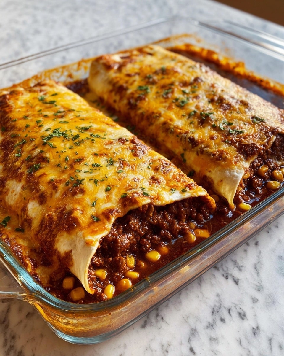 Two rolled tortillas filled with a mixture of beans and corn are placed side by side on a white plate. The tortillas are covered with a thick, dark red sauce that spills slightly over the edges. On top, a layer of melted cheese, varying in white and yellow shades, is evenly spread and slightly browned in some parts. The surface beneath the plate is a white marbled texture. photo taken with an iphone --ar 4:5 --v 7
