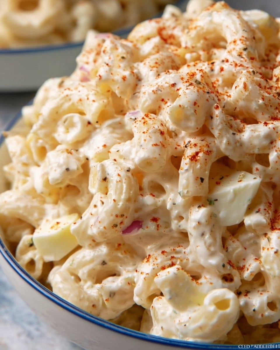 A close-up of a creamy macaroni salad served in a white bowl with a blue rim, showing short tube pasta mixed with small pieces of chopped boiled eggs. The salad is thickly coated in a white, smooth mayonnaise dressing with light specks of black pepper, and sprinkled with a bit of reddish paprika on top for color. The white marbled surface can be seen blurred in the background. Photo taken with an iphone --ar 4:5 --v 7