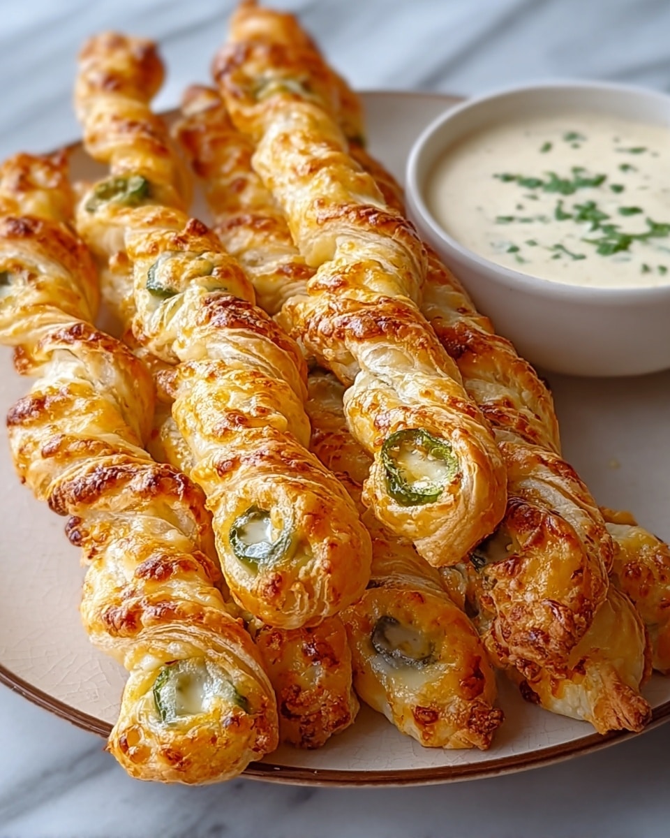 The image shows a plate with several golden-brown, twisted puff pastry sticks filled with melted cheese and slices of green jalapeño peppers inside. Each stick has a crispy, flaky texture with visible layers of dough wrapped around the spicy filling, giving a spiral look. The puff pastry layers are light golden with darker browned spots, creating a crunchy appearance. The jalapeño slices add spots of green color scattered throughout the cheese filling. Next to the pastries, there is a white bowl with a creamy dipping sauce garnished with herbs. The plate sits on a white marbled surface. photo taken with an iphone --ar 4:5 --v 7