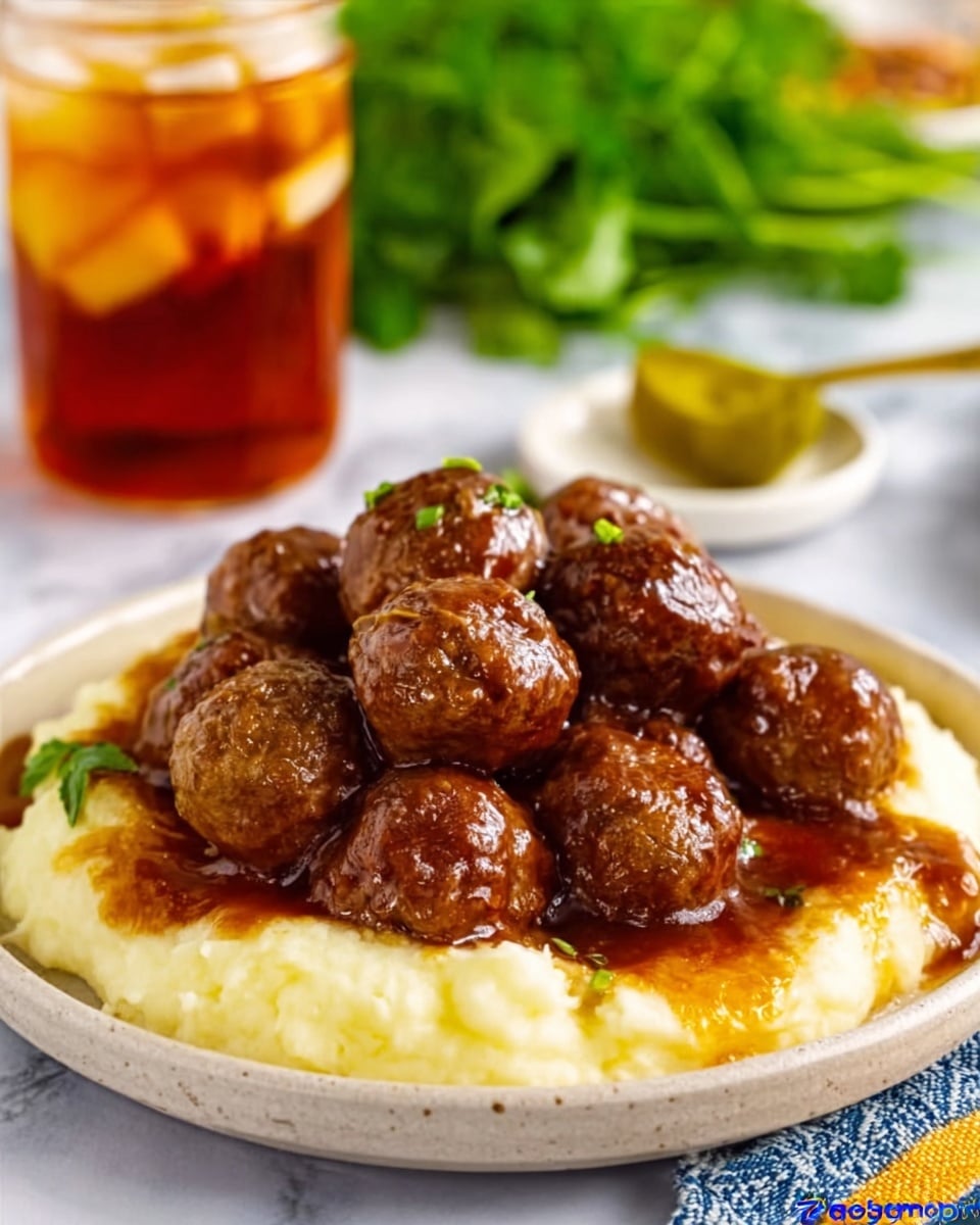 A white plate with a layer of creamy mashed potatoes at the bottom, topped by a pile of glossy brown meatballs covered in rich brown gravy. On the side, there is a small green pepper and in the background, a glass jar filled with iced tea. The setting is on a white marbled surface with some green leafy herbs blurred in the background. Photo taken with an iphone --ar 4:5 --v 7
