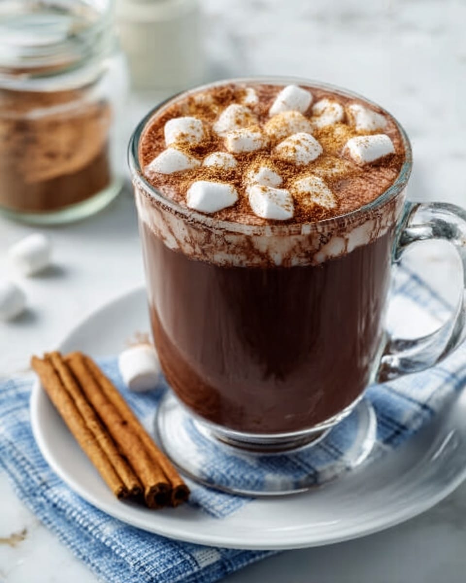 The image shows a clear glass mug filled with rich, dark brown hot chocolate topped with small, white marshmallows scattered across the surface. A sprinkle of light brown cinnamon powder covers the marshmallows, adding a textured layer on top. The mug sits on a white plate with a blue checkered cloth beneath it, and next to the plate are a few sticks of cinnamon. The background features a white marbled texture with a small jar of cinnamon powder and a blurred glass container behind the mug. Photo taken with an iphone --ar 4:5 --v 7