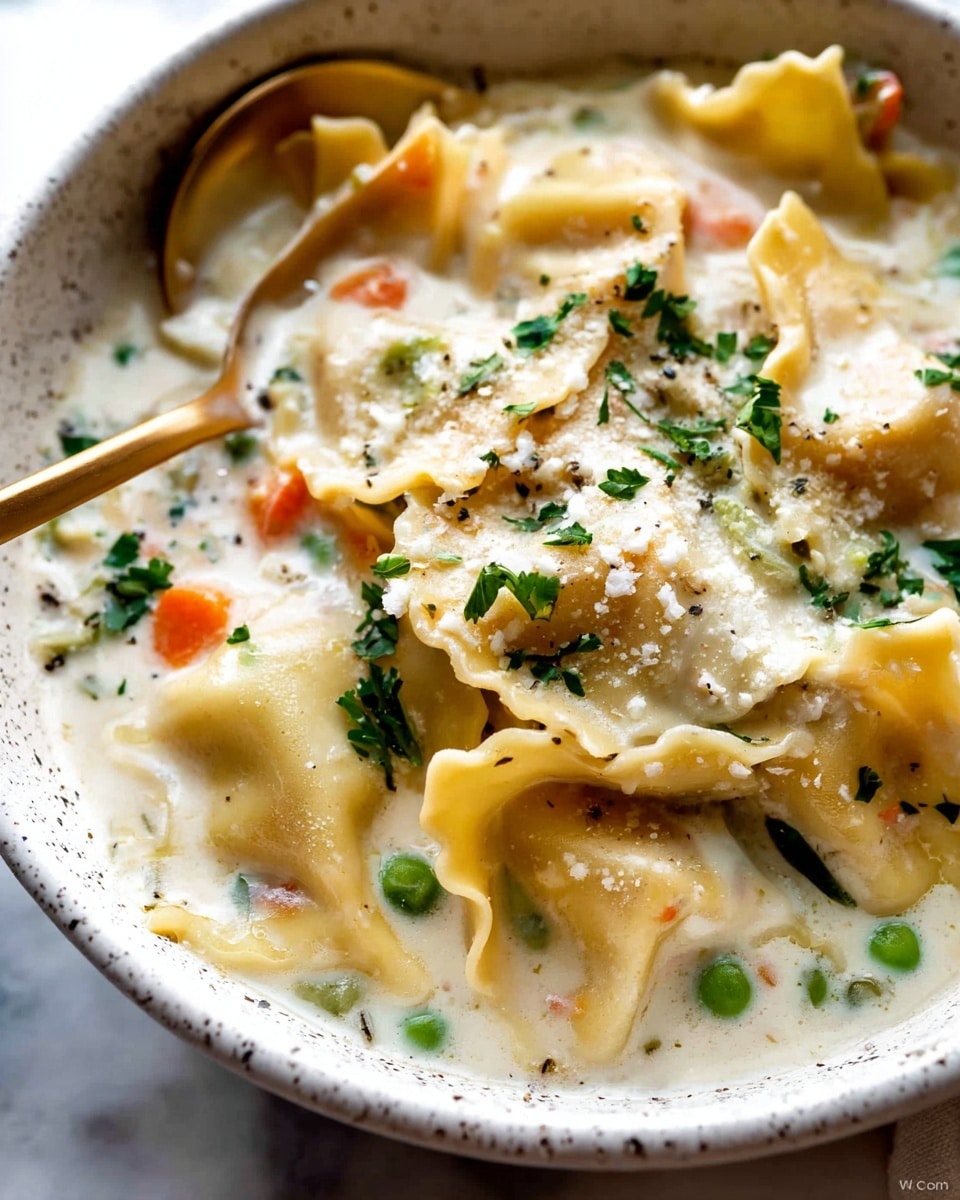 A close-up of a bowl of creamy soup with wide, ruffled-edged pasta pieces floating on top in a thick white sauce. The soup has visible small chunks of orange carrot, green peas, and herbs scattered throughout. The top layer shows a sprinkle of chopped fresh green parsley and a light dusting of grated cheese. A gold spoon rests inside the bowl that has a white color with black speckles, all set against a white marbled texture background. Photo taken with an iphone --ar 4:5 --v 7