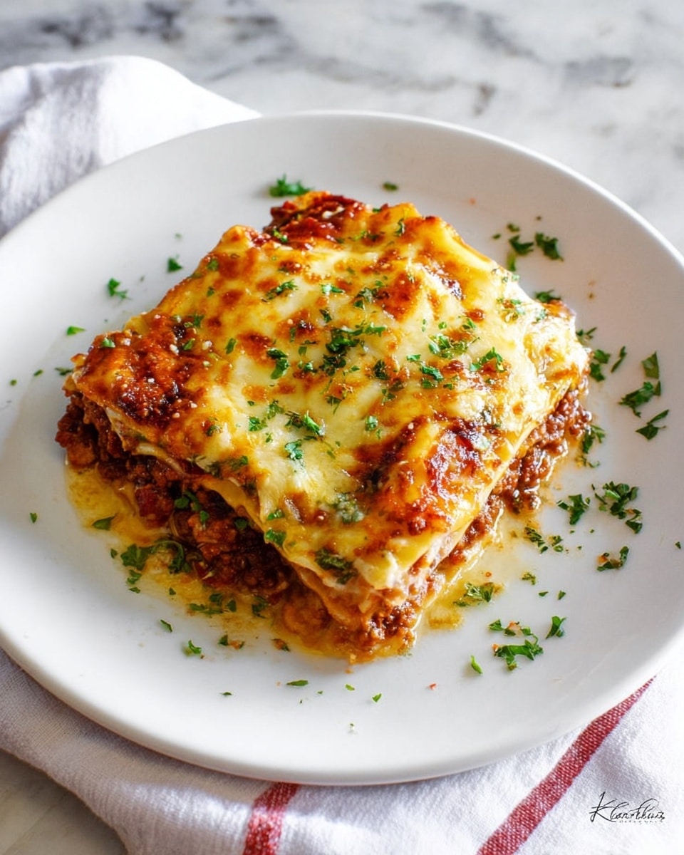 A slice of lasagna is placed on a plain white plate, showing four clear layers. The bottom layer looks soft and yellowish with broth soaking in it, likely noodle or spaghetti squash. Above it is a thick layer of dark brown meat sauce that looks hearty and juicy. The next layer is another noodle or squash layer, slightly translucent and golden. The top layer is melted cheese browned to a golden yellow with some orange spots, covered with small bits of green herbs sprinkled across. The background has a white marbled texture and soft natural light highlights the texture and colors. Photo taken with an iphone --ar 4:5 --v 7